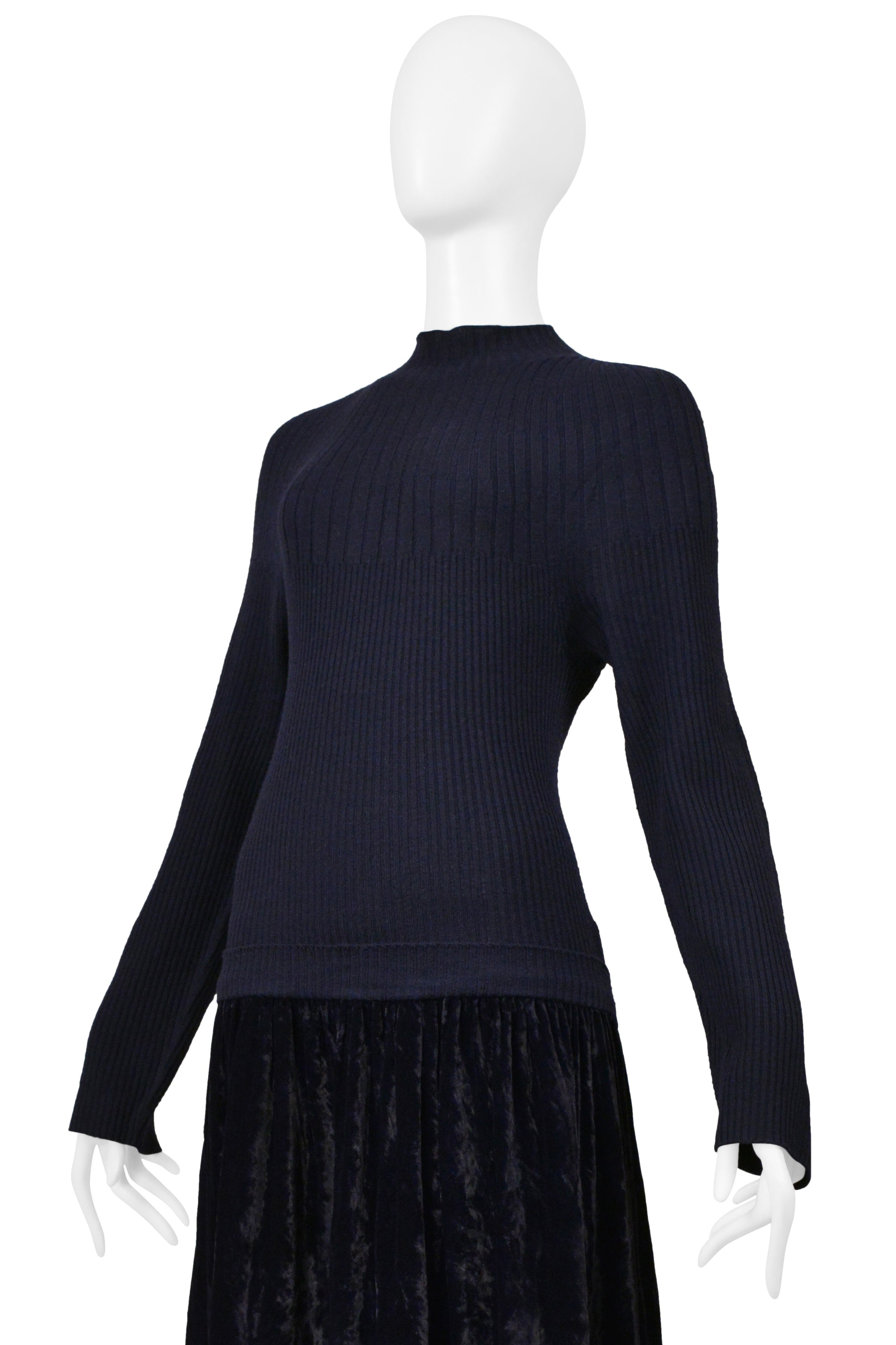 COMME DES GARCONS NAVY DRESS WITH KNIT RIBBED TOP AND CRUSHED VELVET SKIRT 1997-98