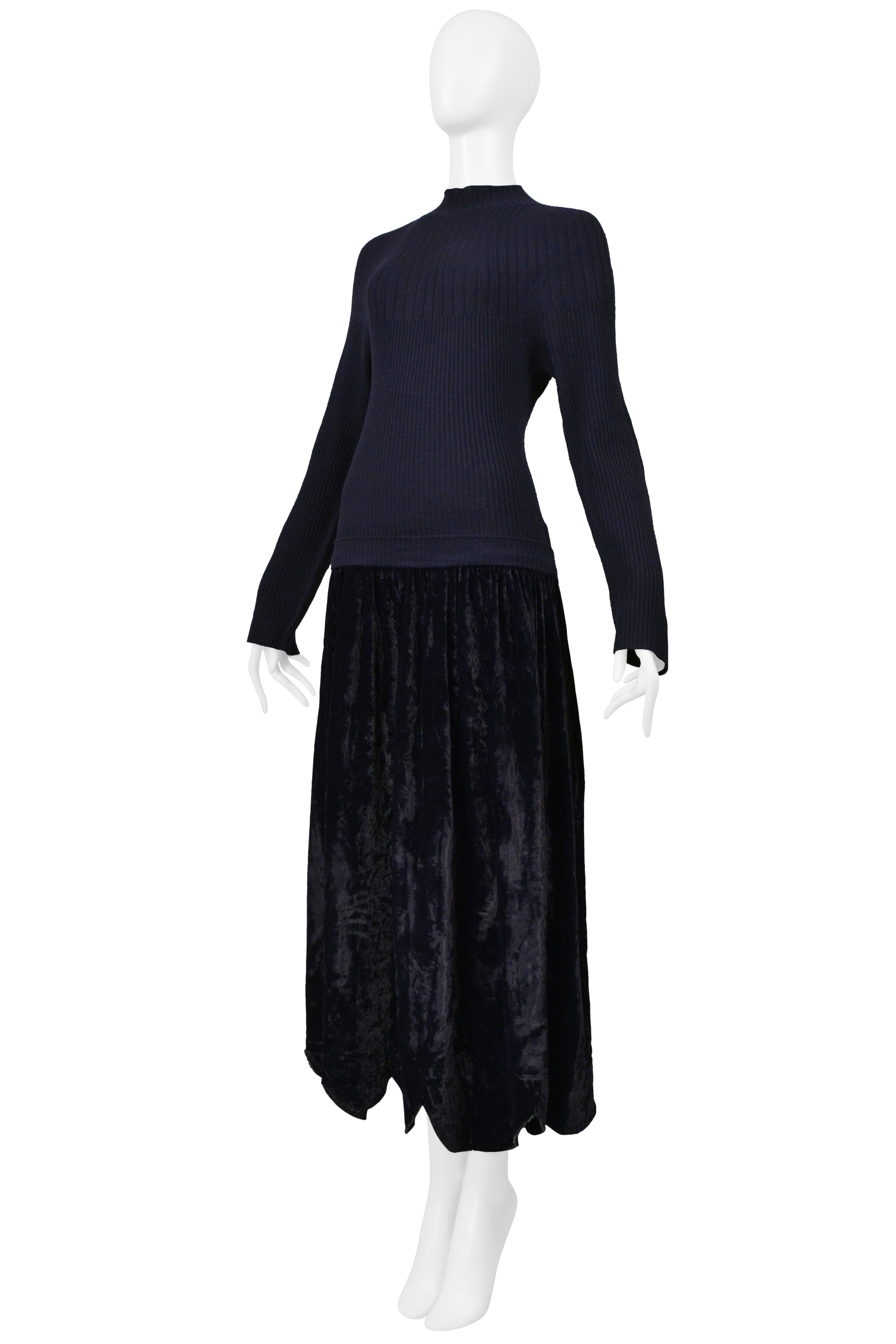 COMME DES GARCONS NAVY DRESS WITH KNIT RIBBED TOP AND CRUSHED VELVET SKIRT 1997-98