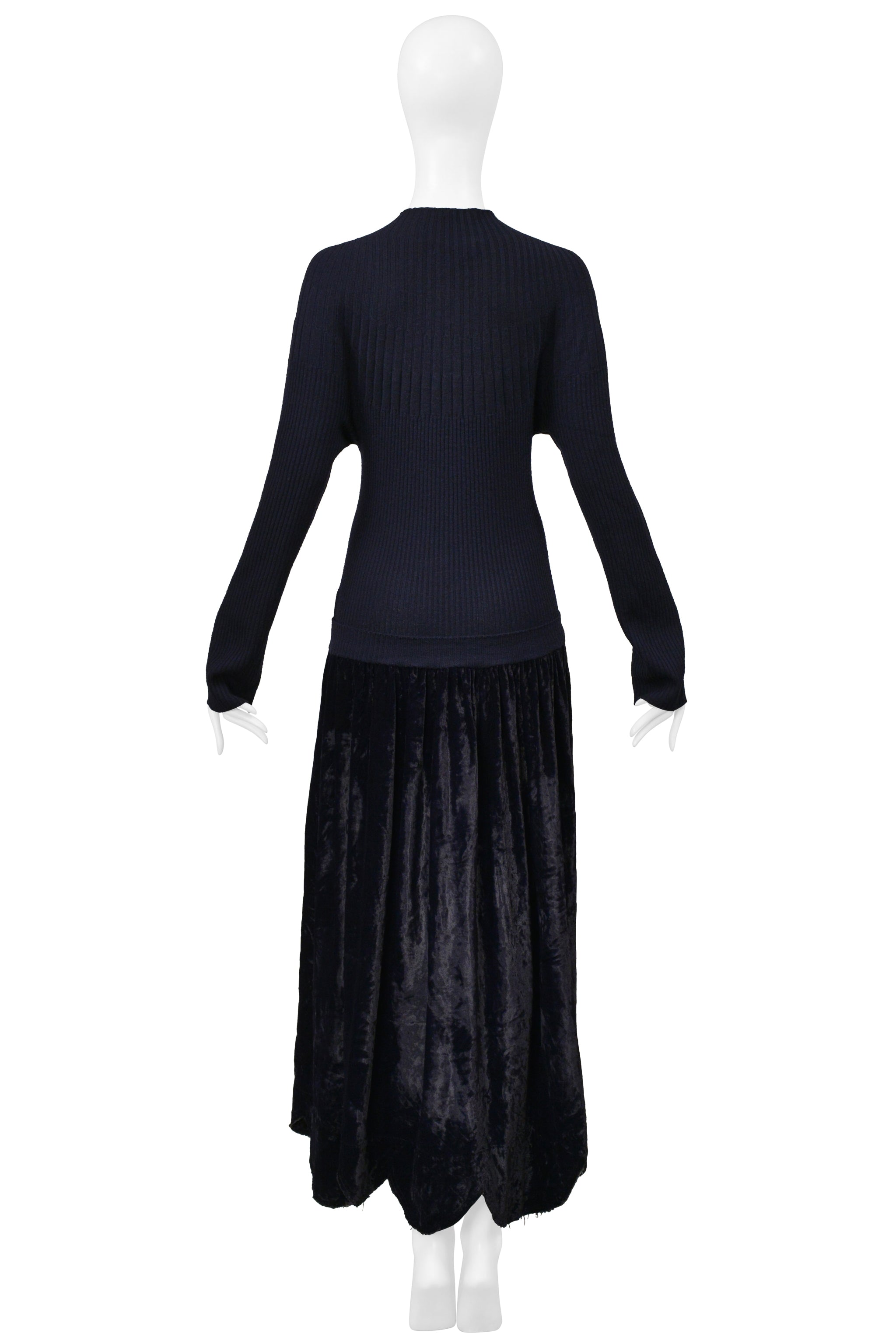 COMME DES GARCONS NAVY DRESS WITH KNIT RIBBED TOP AND CRUSHED VELVET SKIRT 1997-98