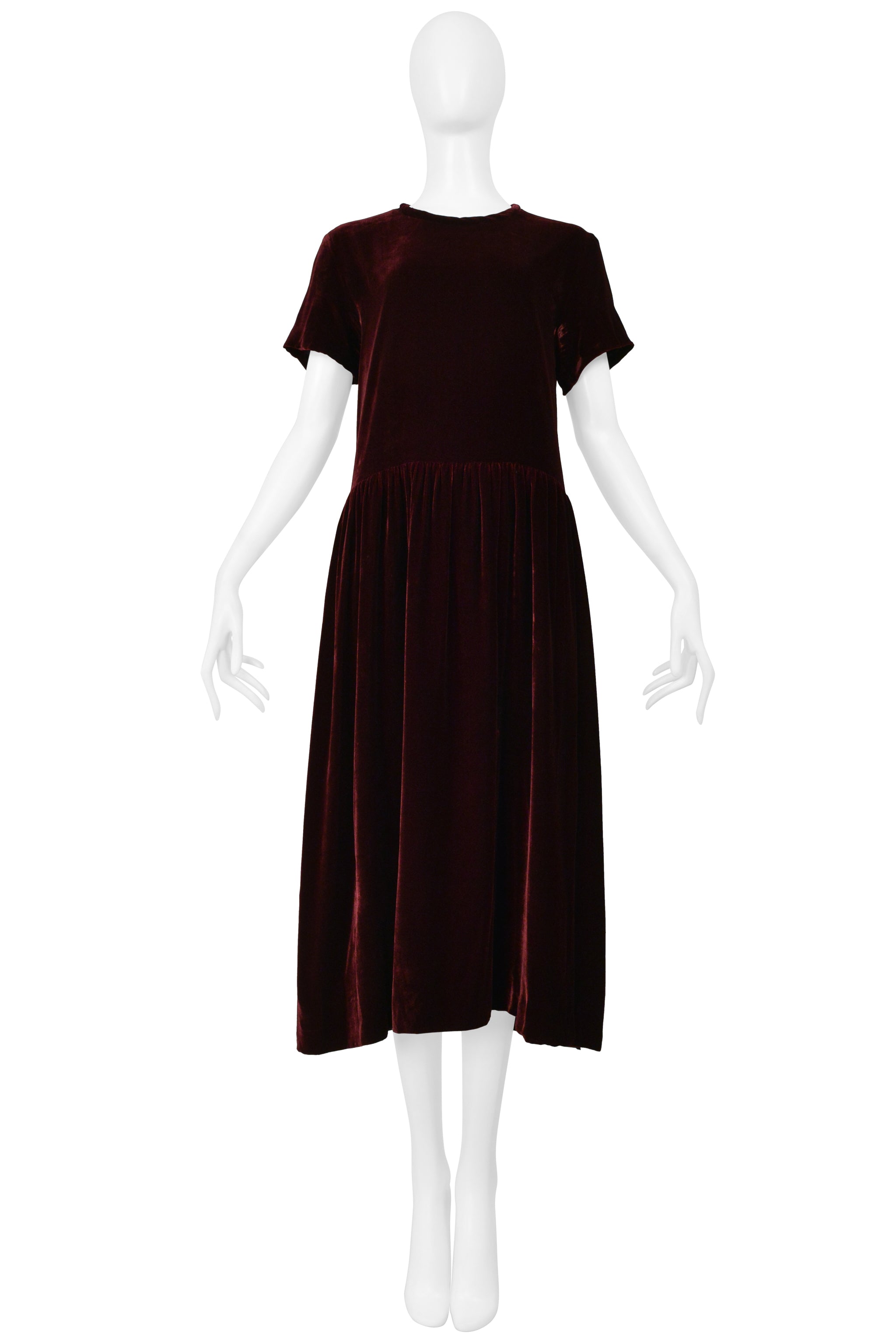 COMME DES GARCONS BURGUNDY VELVET SHORT SLEEVE DRESS WITH GATHERS 1997