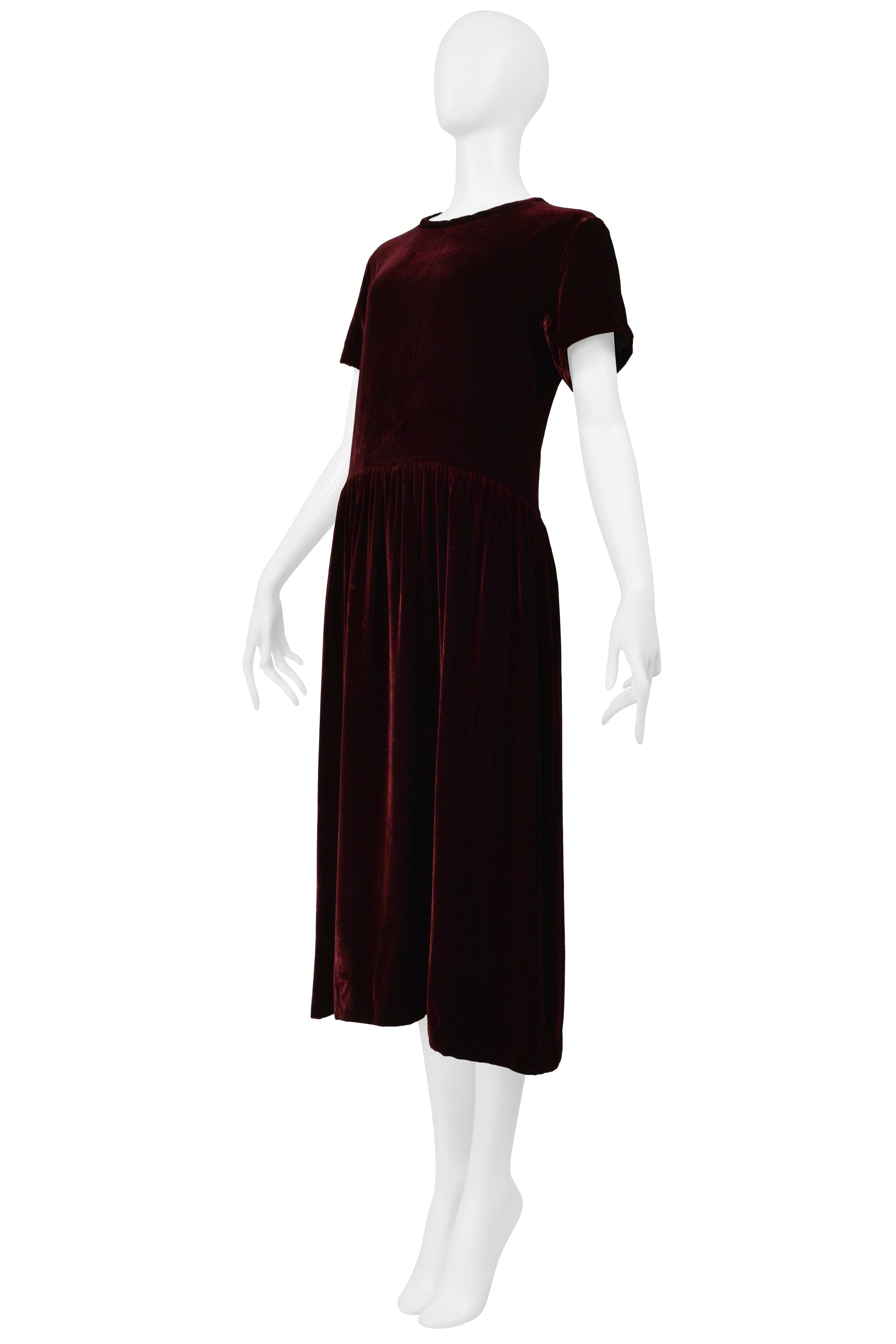 COMME DES GARCONS BURGUNDY VELVET SHORT SLEEVE DRESS WITH GATHERS 1997