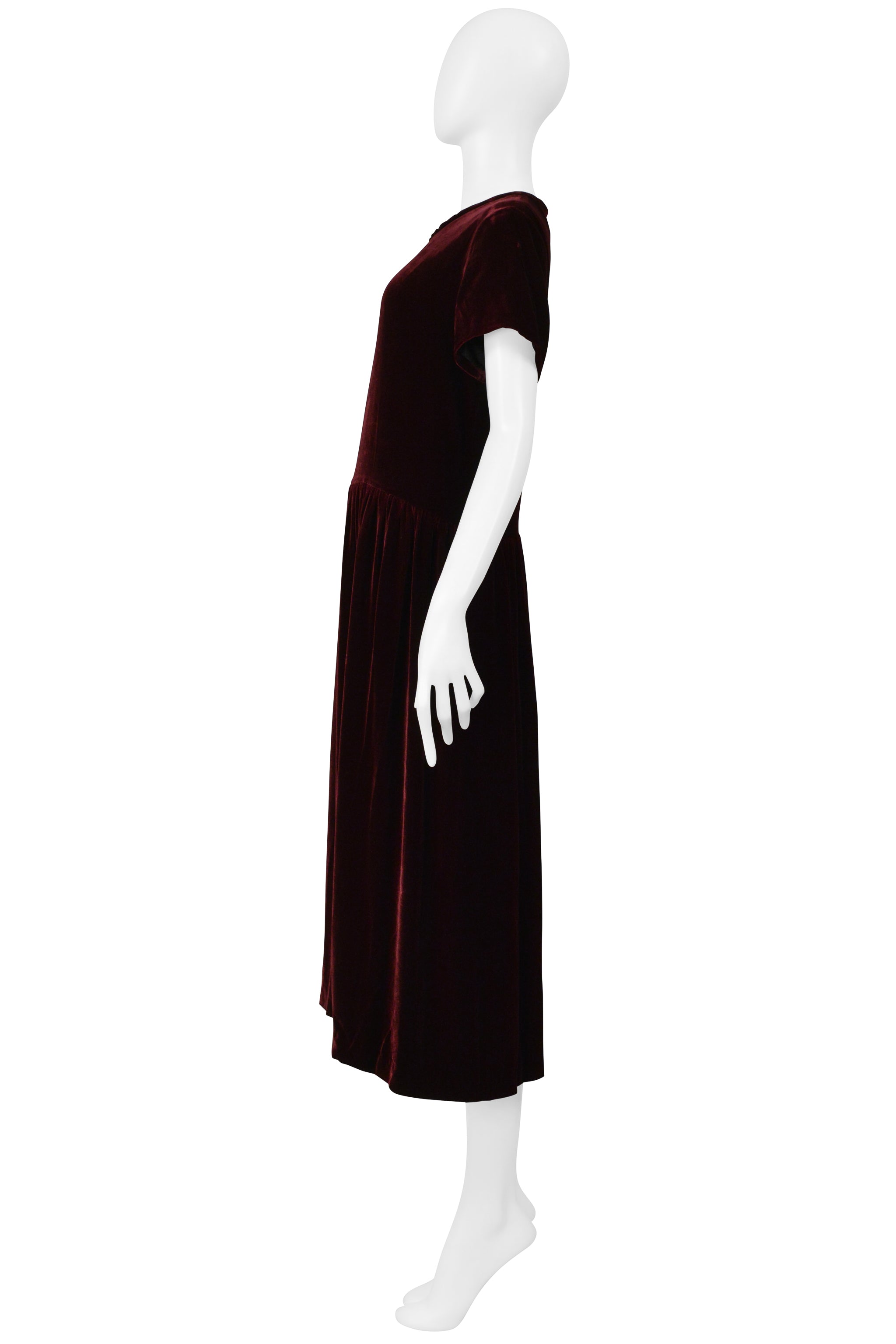 COMME DES GARCONS BURGUNDY VELVET SHORT SLEEVE DRESS WITH GATHERS 1997