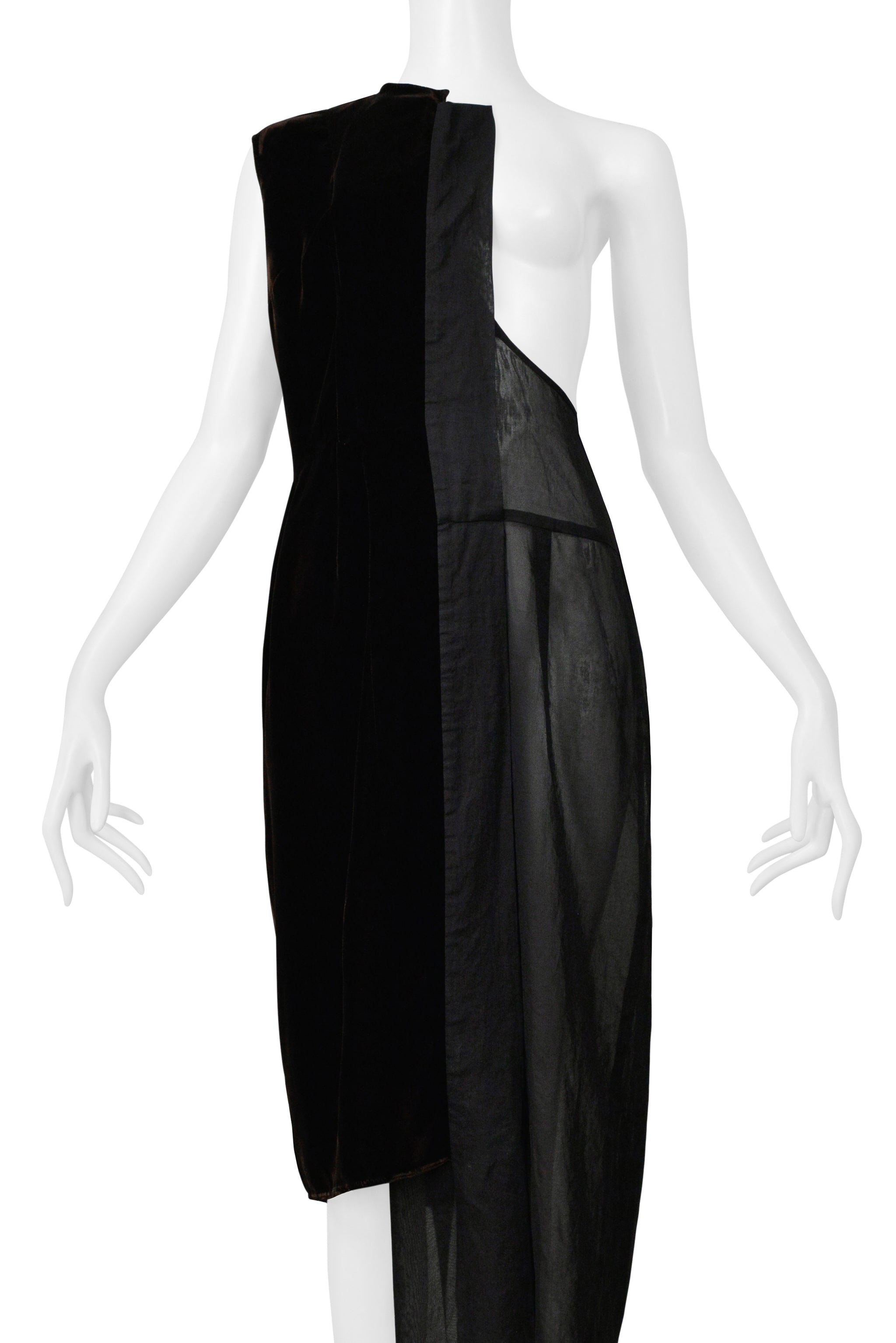 COMME DES GARCONS BLACK HALF DRESS WITH BROWN VELVET PANELS 1998