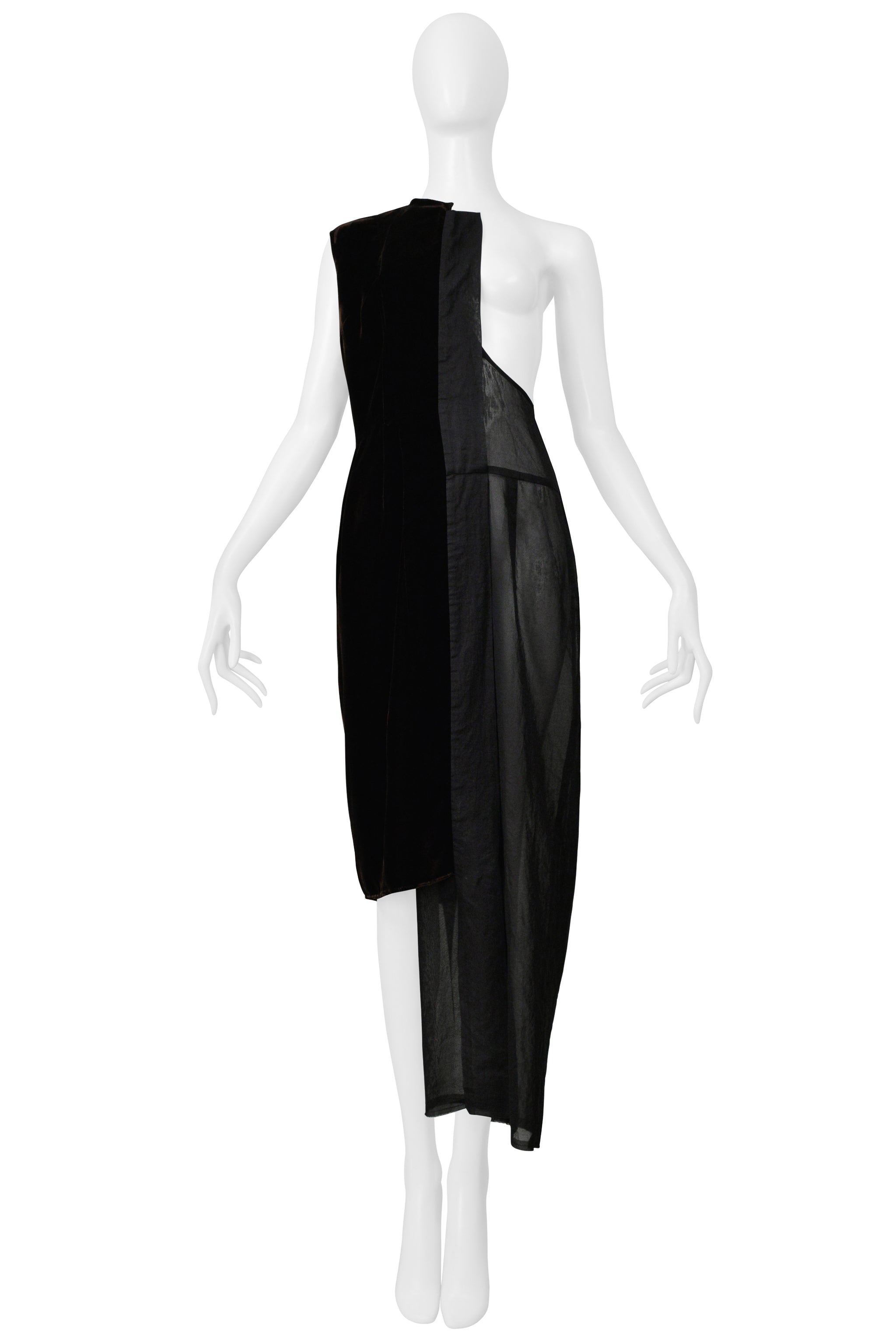 COMME DES GARCONS BLACK HALF DRESS WITH BROWN VELVET PANELS 1998