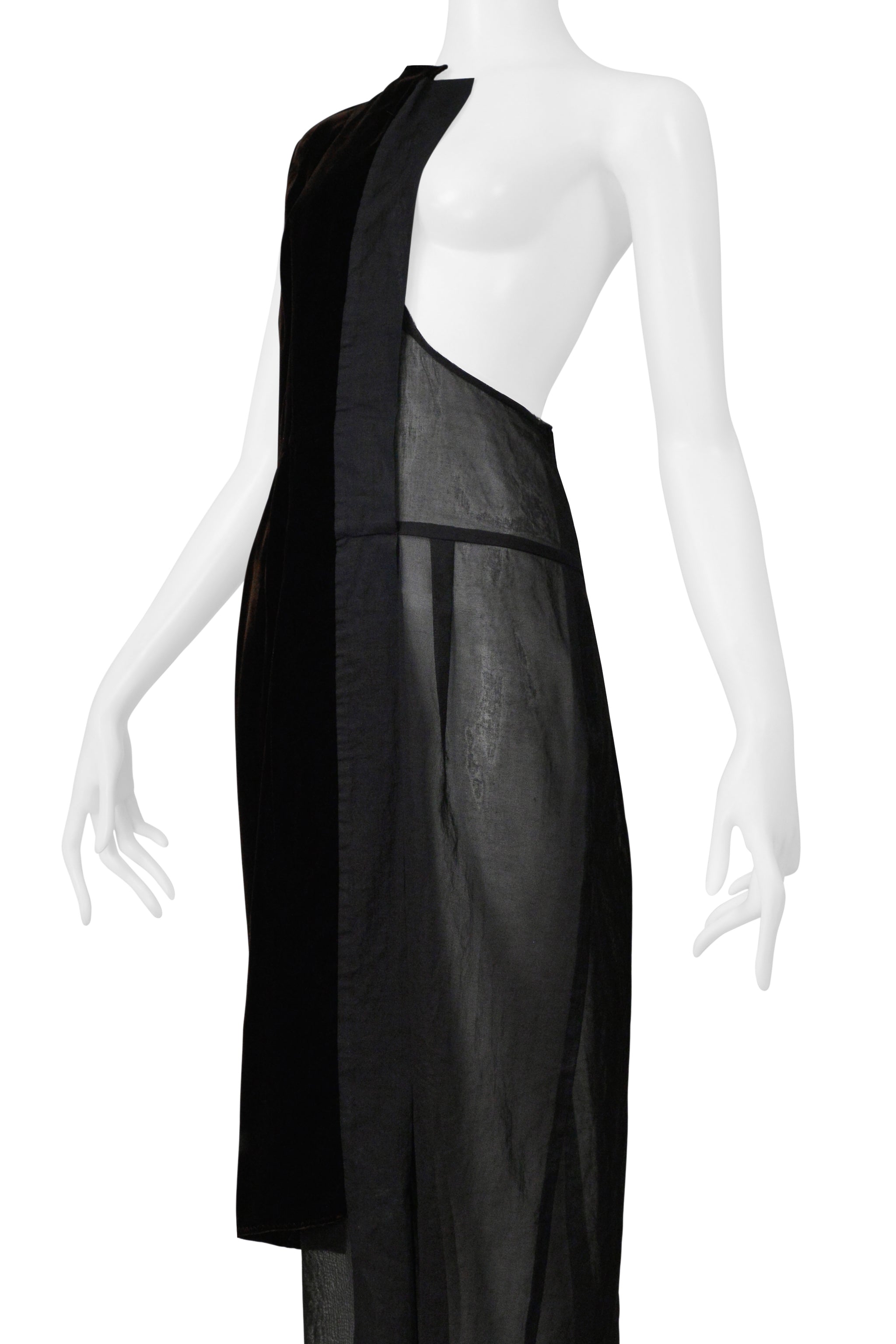 COMME DES GARCONS BLACK HALF DRESS WITH BROWN VELVET PANELS 1998