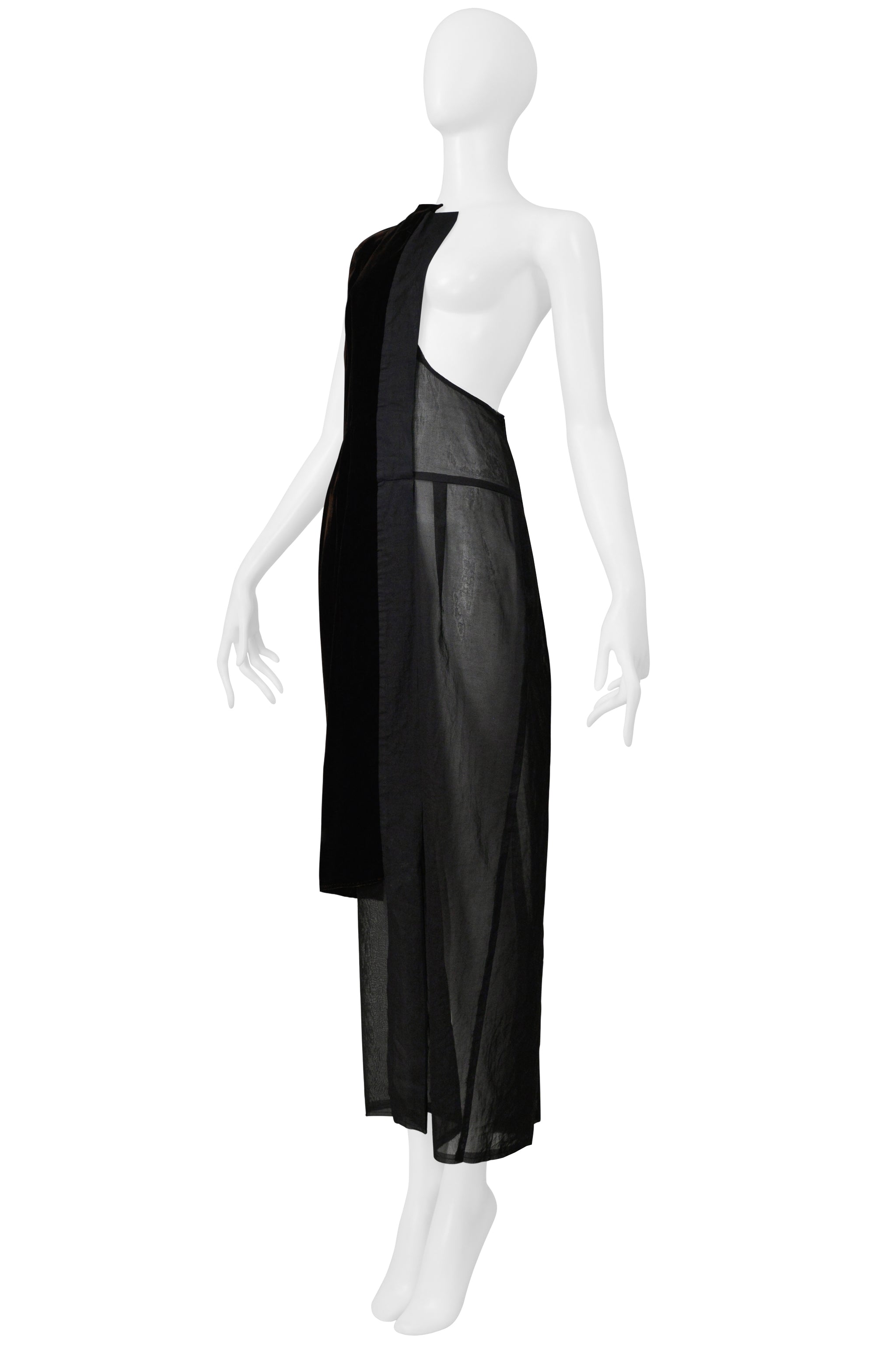 COMME DES GARCONS BLACK HALF DRESS WITH BROWN VELVET PANELS 1998