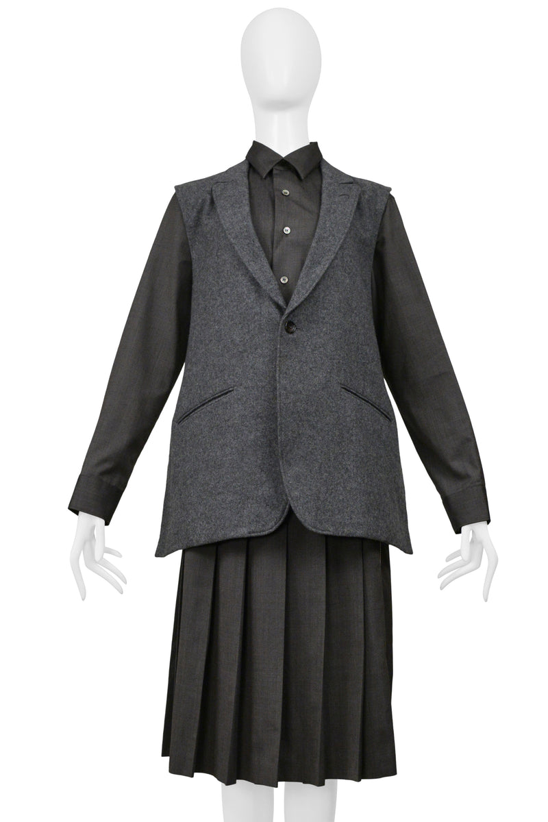 COMME DES GARCONS GRAY THREE PIECE FELT VEST, WITH ATTACHED SHIRT, AND PLEATED SKIRT ENSEMBLE 2000-01