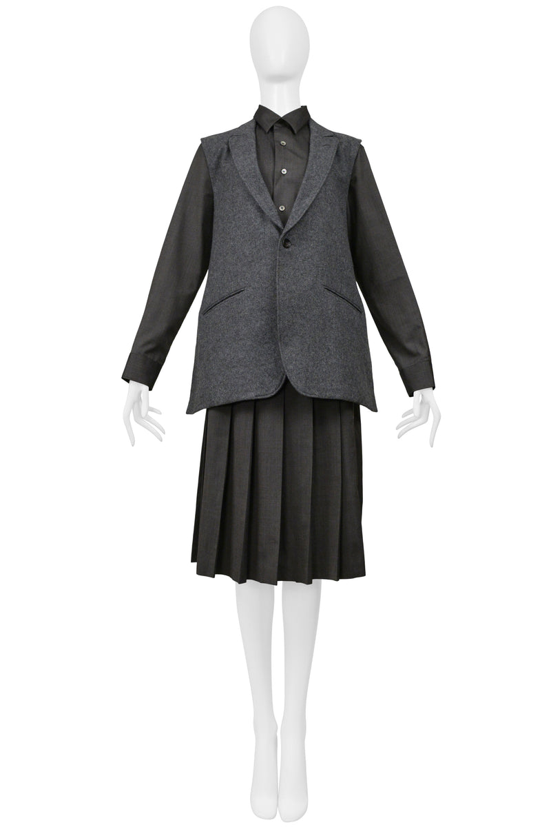 COMME DES GARCONS GRAY THREE PIECE FELT VEST, WITH ATTACHED SHIRT, AND PLEATED SKIRT ENSEMBLE 2000-01