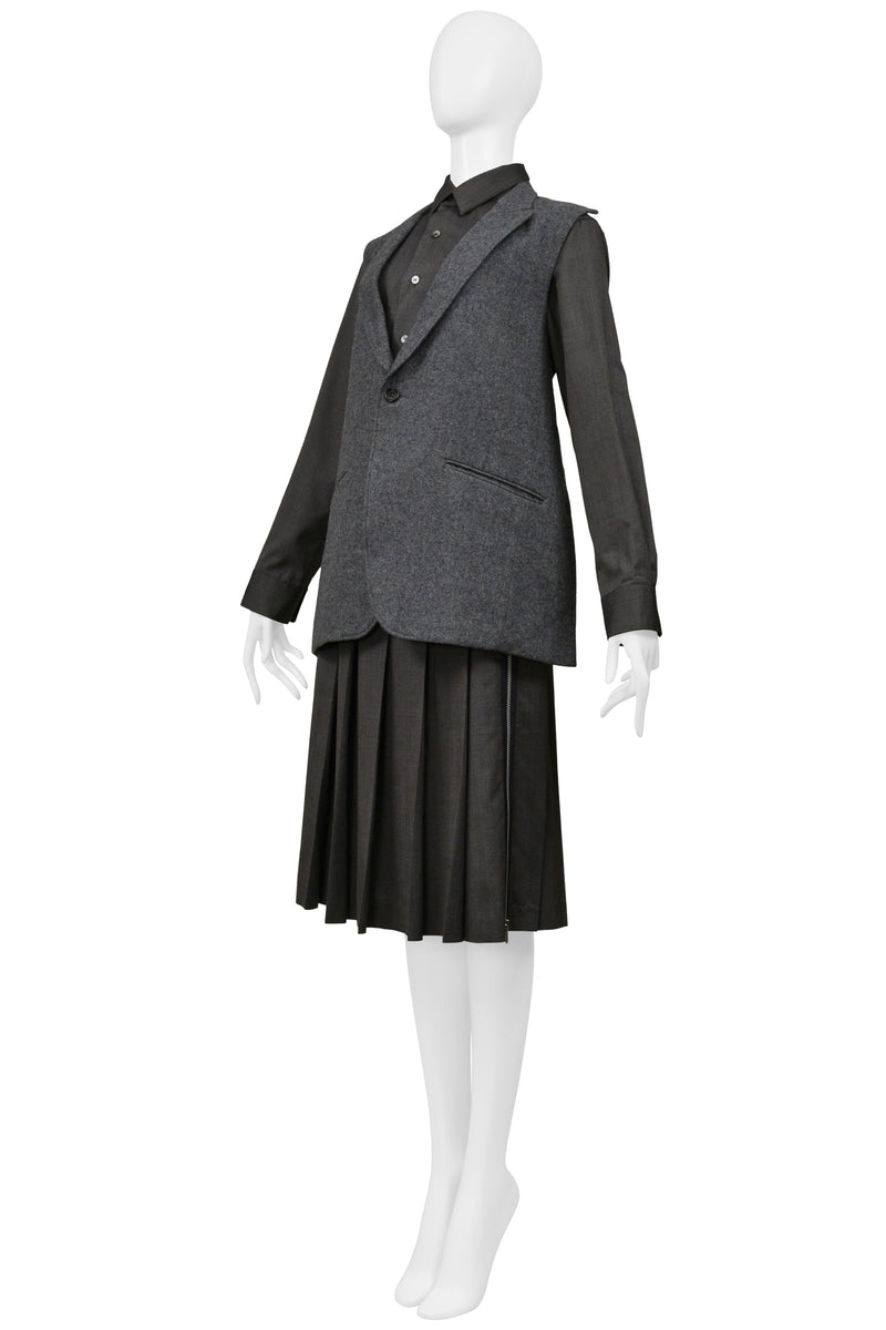 COMME DES GARCONS GRAY THREE PIECE FELT VEST, WITH ATTACHED SHIRT, AND PLEATED SKIRT ENSEMBLE 2000-01