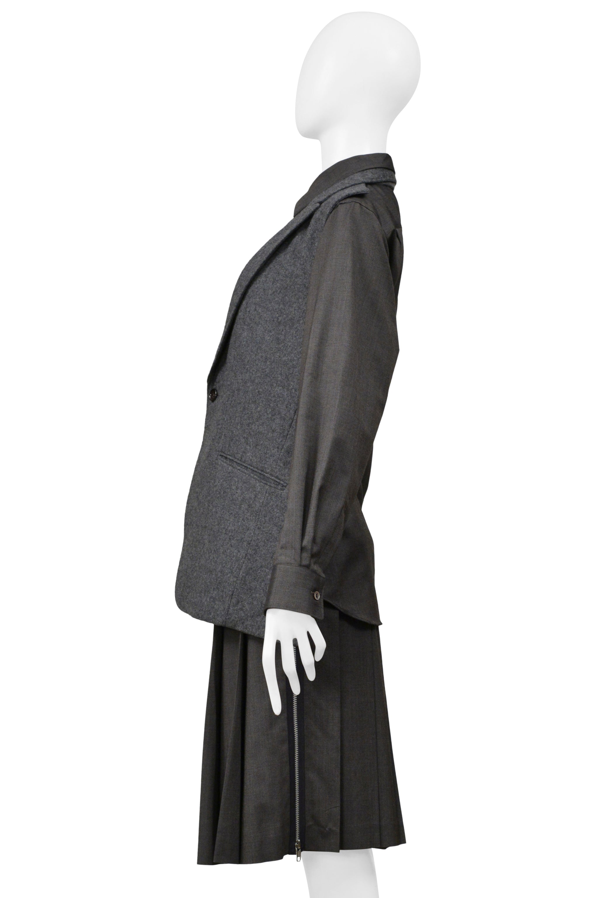 COMME DES GARCONS GRAY THREE PIECE FELT VEST, WITH ATTACHED SHIRT, AND PLEATED SKIRT ENSEMBLE 2000-01