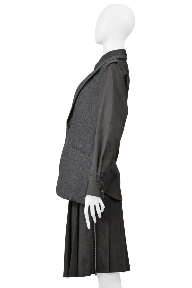 COMME DES GARCONS GRAY THREE PIECE FELT VEST, WITH ATTACHED SHIRT, AND PLEATED SKIRT ENSEMBLE 2000-01