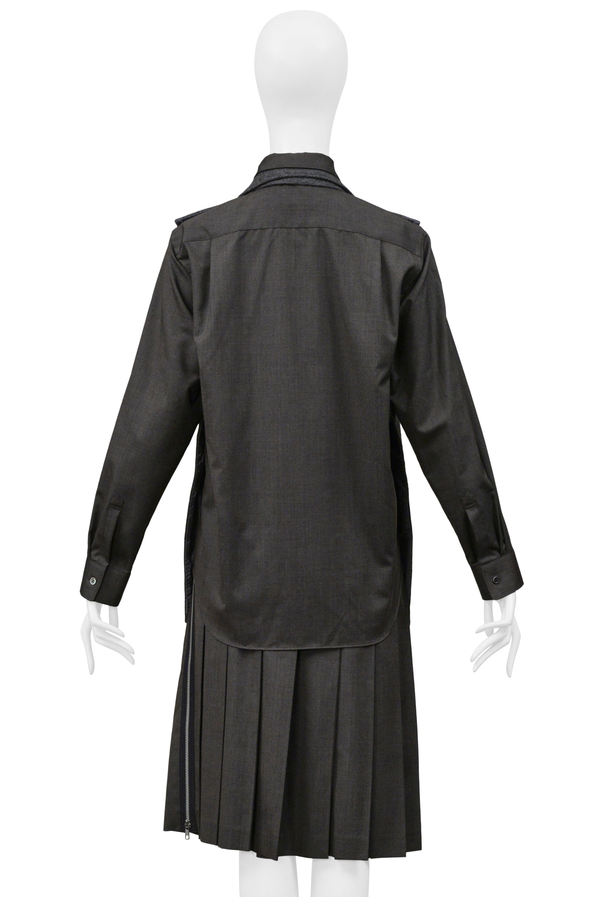 COMME DES GARCONS GRAY THREE PIECE FELT VEST, WITH ATTACHED SHIRT, AND PLEATED SKIRT ENSEMBLE 2000-01