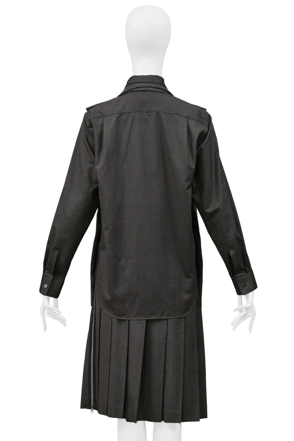 COMME DES GARCONS GRAY THREE PIECE FELT VEST, WITH ATTACHED SHIRT, AND PLEATED SKIRT ENSEMBLE 2000-01