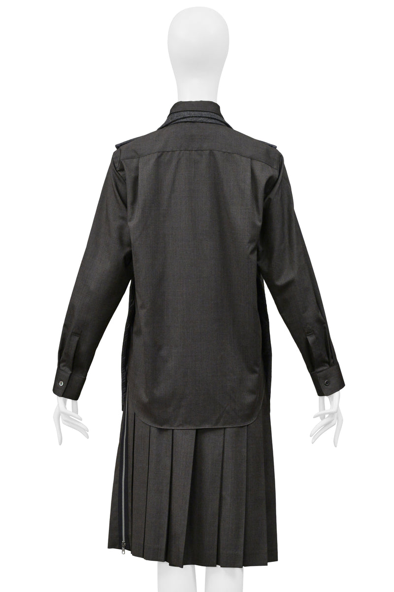 COMME DES GARCONS GRAY THREE PIECE FELT VEST, WITH ATTACHED SHIRT, AND PLEATED SKIRT ENSEMBLE 2000-01