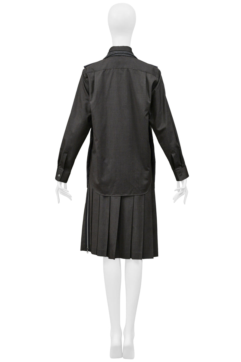 COMME DES GARCONS GRAY THREE PIECE FELT VEST, WITH ATTACHED SHIRT, AND PLEATED SKIRT ENSEMBLE 2000-01