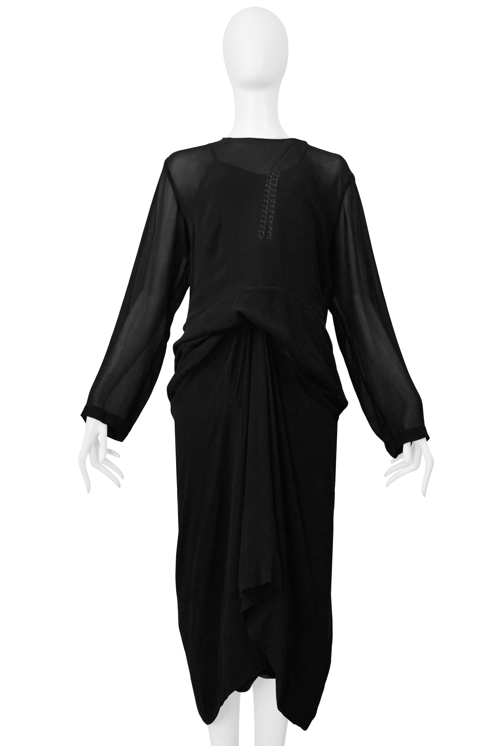 COMME DES GARCONS BLACK SHEER DRESS WITH DRAPING & INTERIOR SILVER CHAINS AW 2000