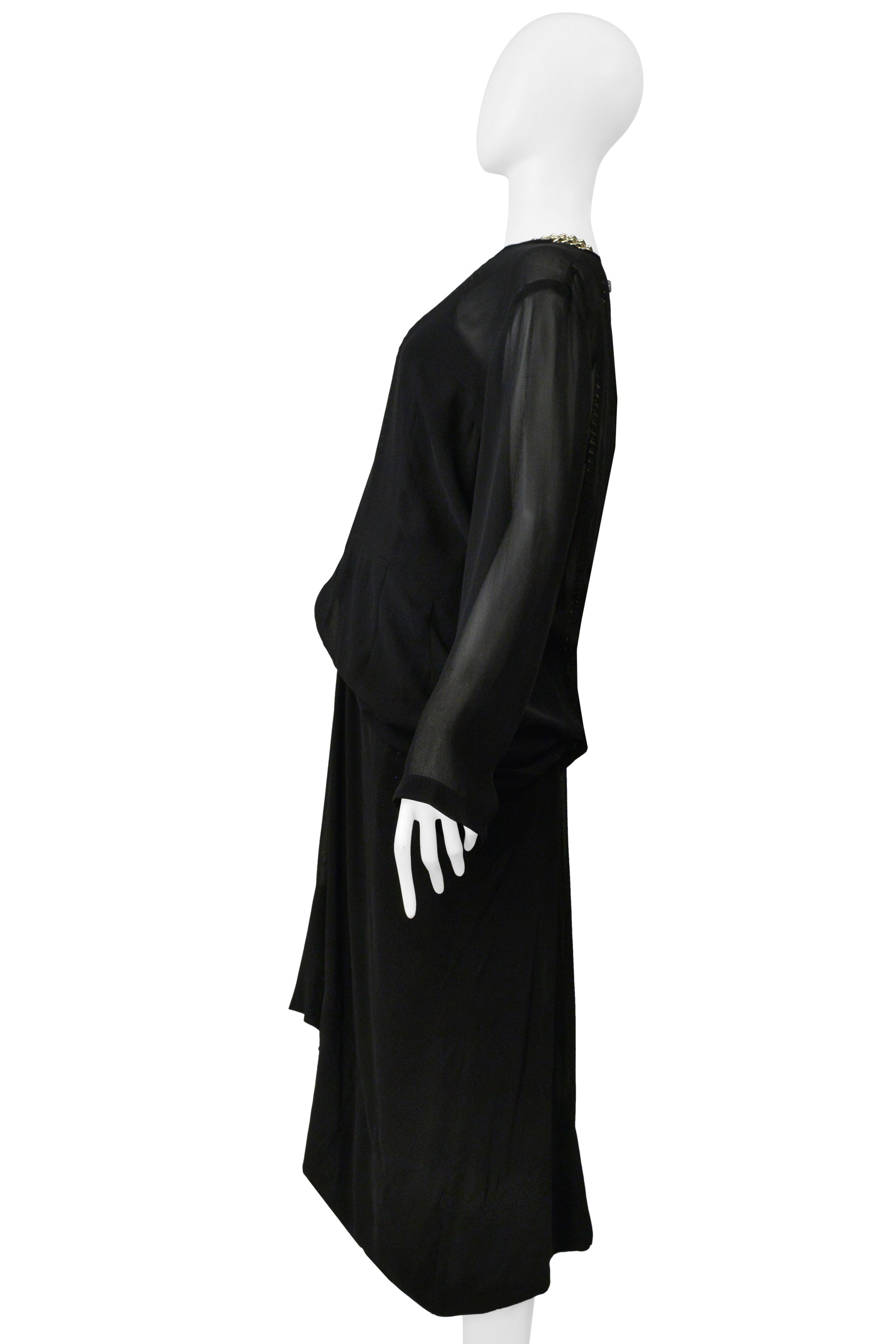 COMME DES GARCONS BLACK SHEER DRESS WITH DRAPING & INTERIOR SILVER CHAINS AW 2000