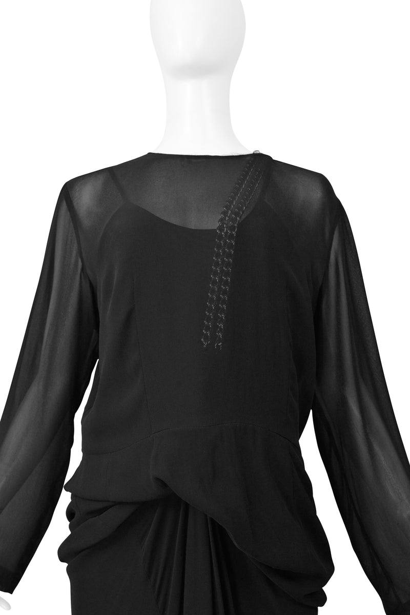 COMME DES GARCONS BLACK SHEER DRESS WITH DRAPING & INTERIOR SILVER CHAINS AW 2000