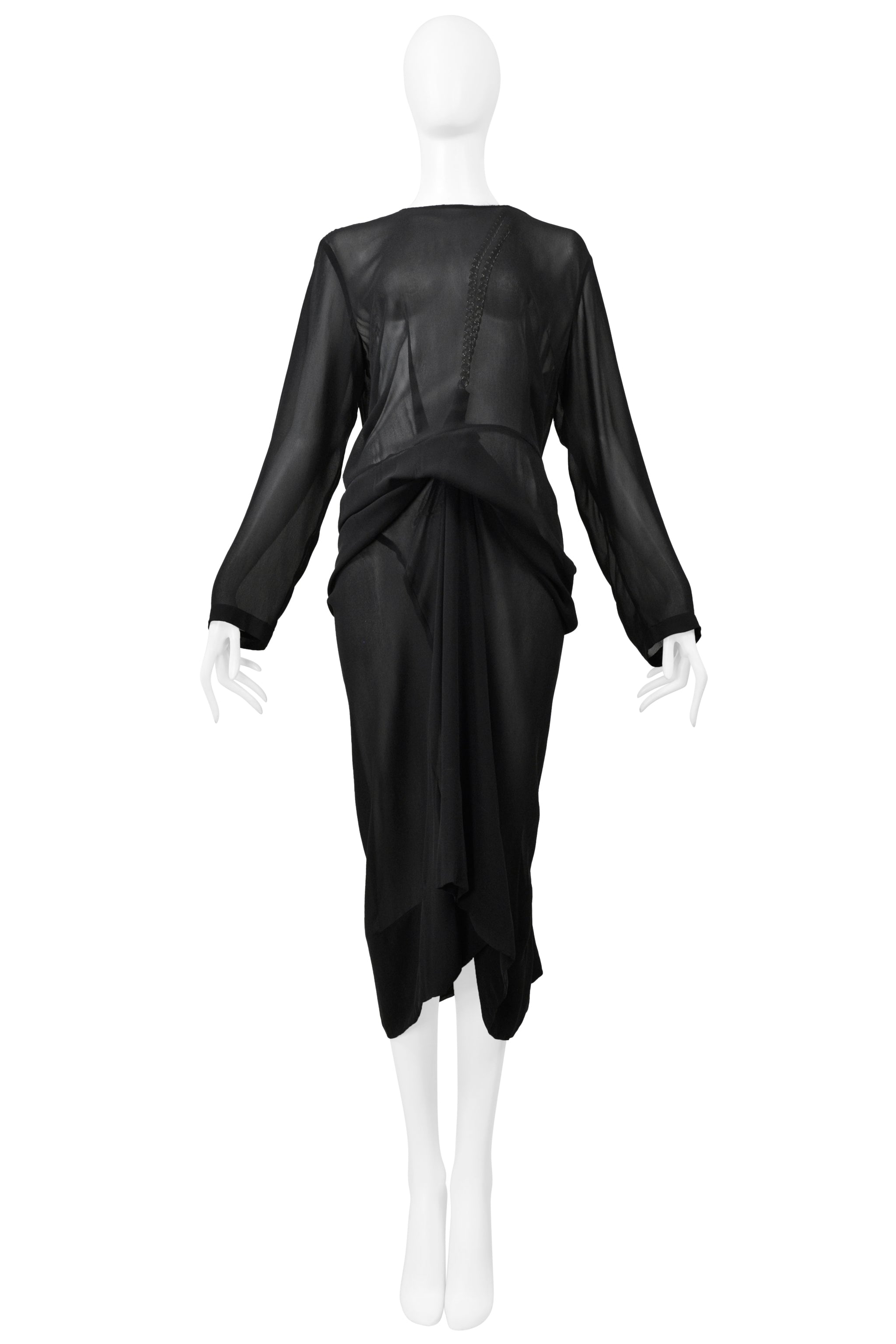 COMME DES GARCONS BLACK SHEER DRESS WITH DRAPING & INTERIOR SILVER CHAINS AW 2000