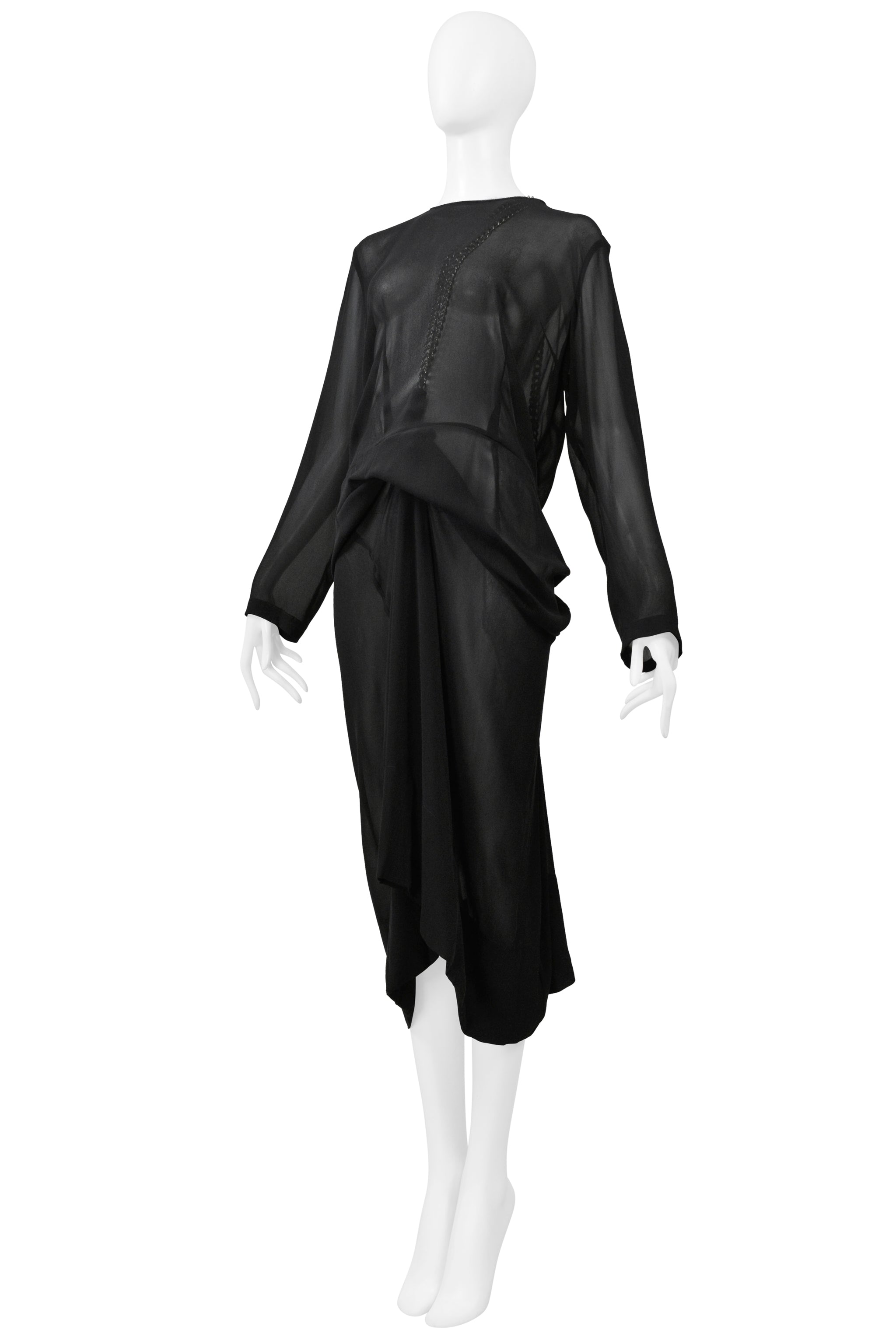 COMME DES GARCONS BLACK SHEER DRESS WITH DRAPING & INTERIOR SILVER CHAINS AW 2000