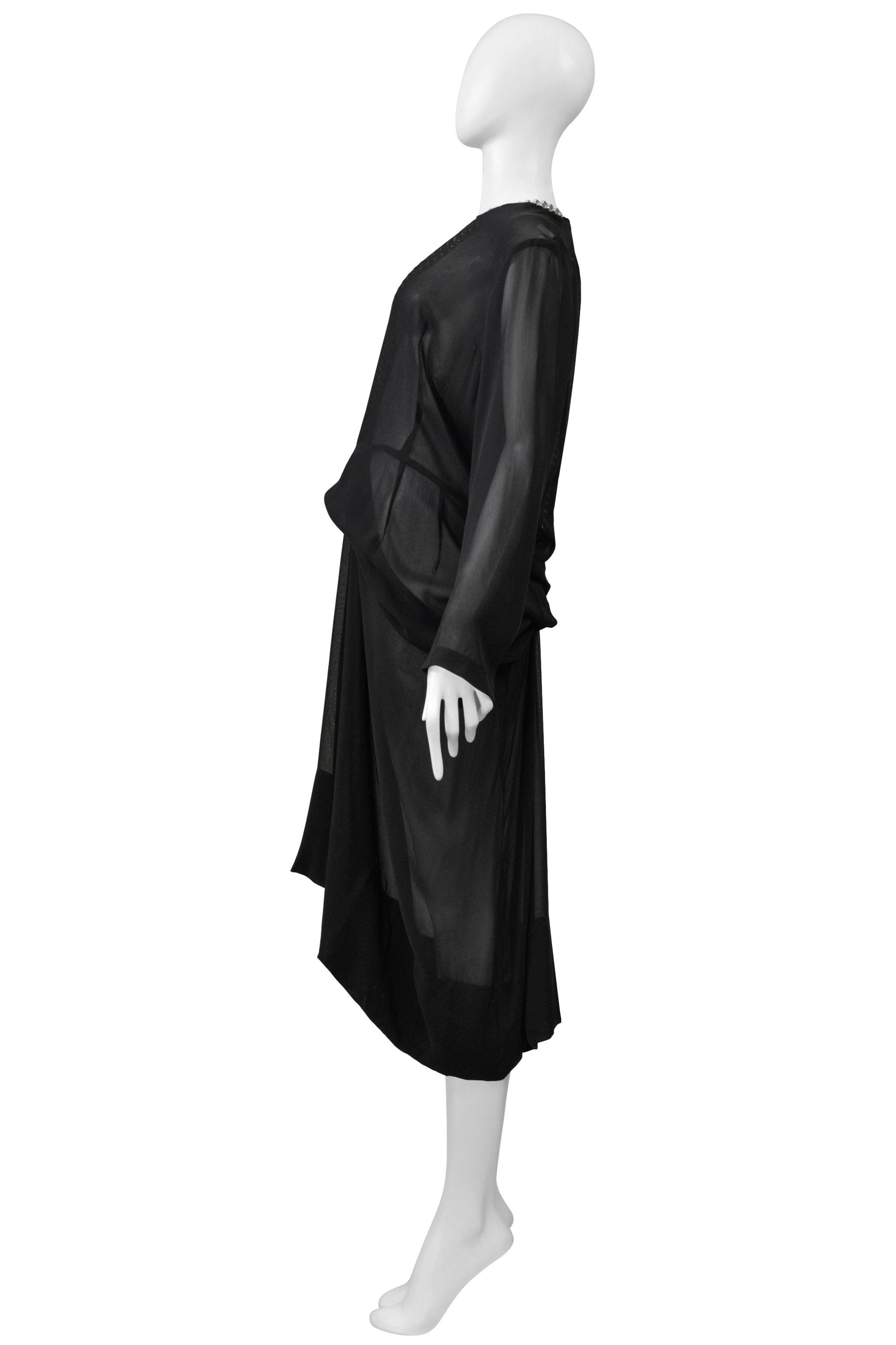 COMME DES GARCONS BLACK SHEER DRESS WITH DRAPING & INTERIOR SILVER CHAINS AW 2000