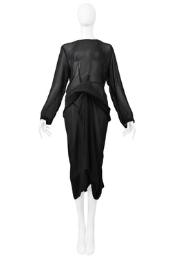 COMME DES GARCONS BLACK SHEER DRESS WITH DRAPING & INTERIOR SILVER CHAINS AW 2000