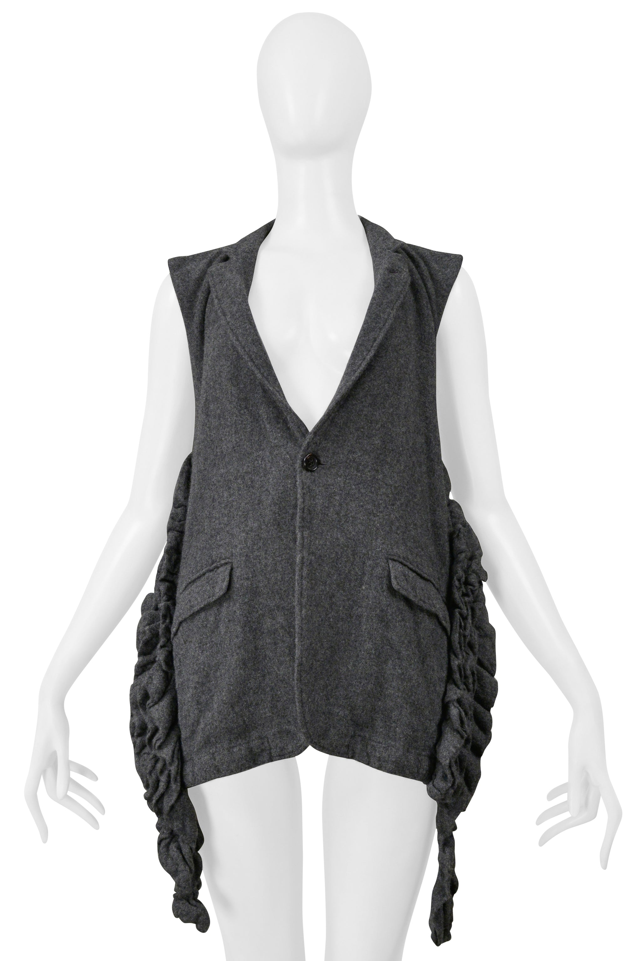 COMME DES GARCONS GREY WOOL VEST WITH RUFFLES AND OPEN BACK AND LEATHER STRAP 2000-2001