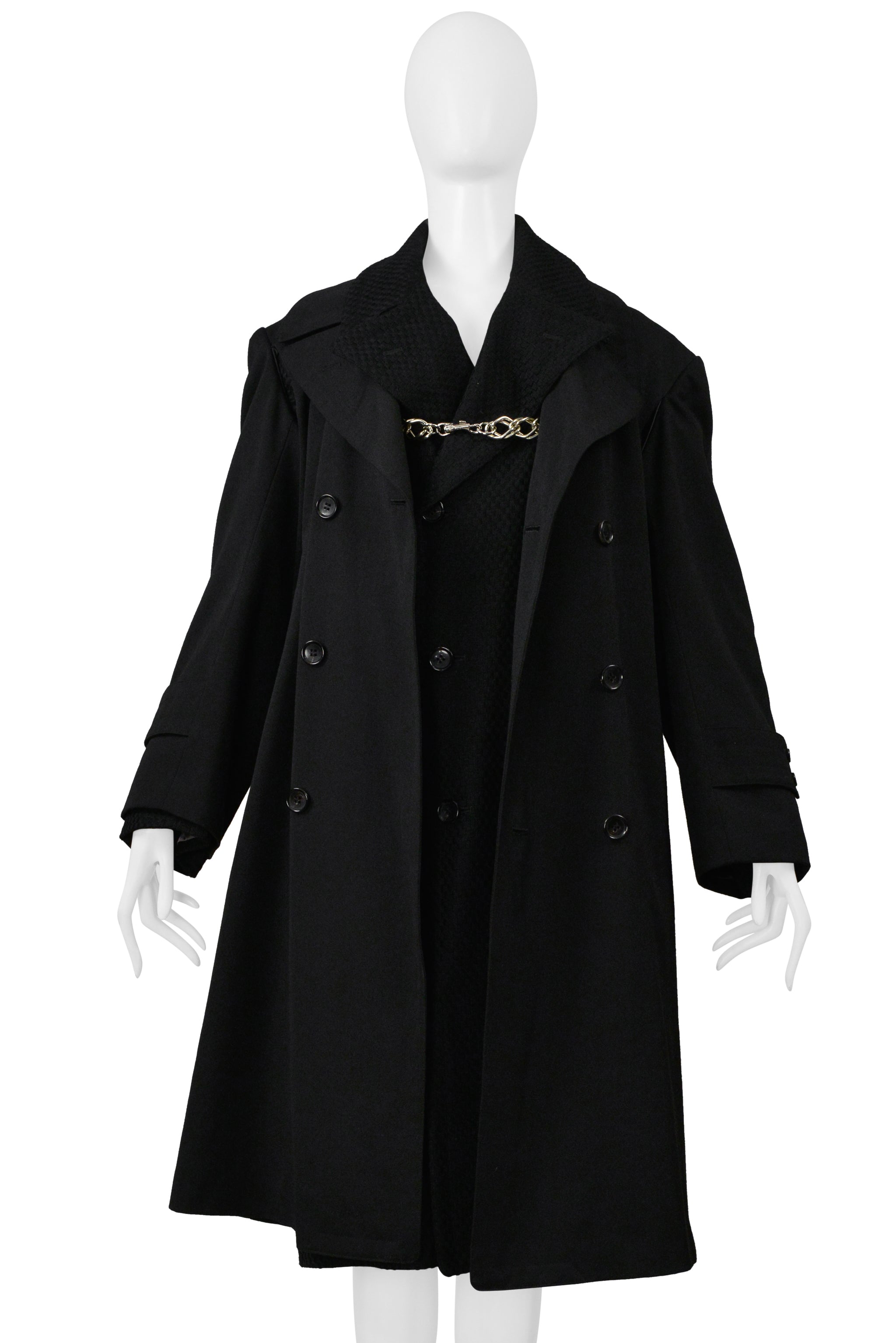 COMME DES GARCONS BLACK DOUBLE BREASTED DOUBLE COAT WITH CHAIN DETAIL 2000-2001