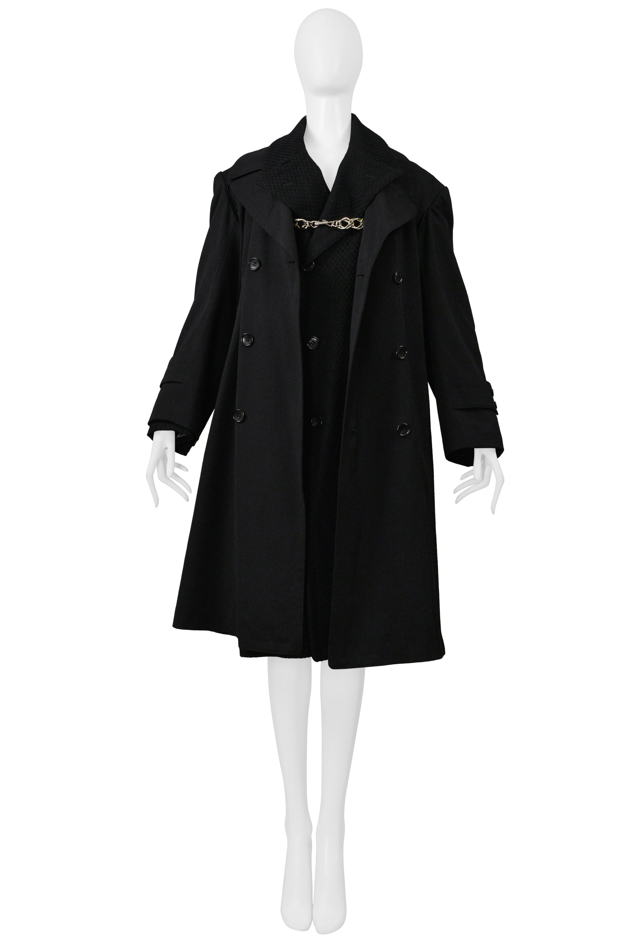 COMME DES GARCONS BLACK DOUBLE BREASTED DOUBLE COAT WITH CHAIN DETAIL 2000-2001