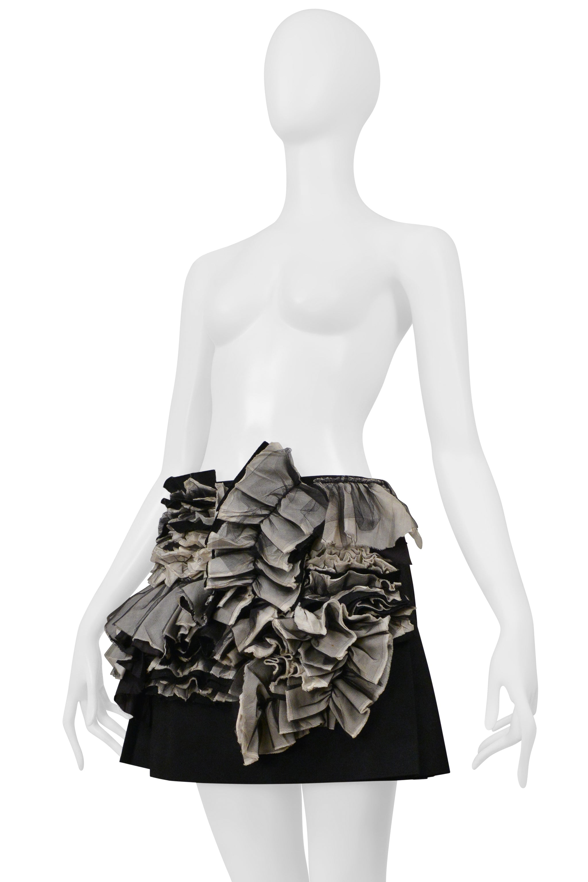 COMME DES GARCONS BLACK AND GRAY PLEATED SKIRT WITH RUFFLES AND LEATHER BUCKLES 2000