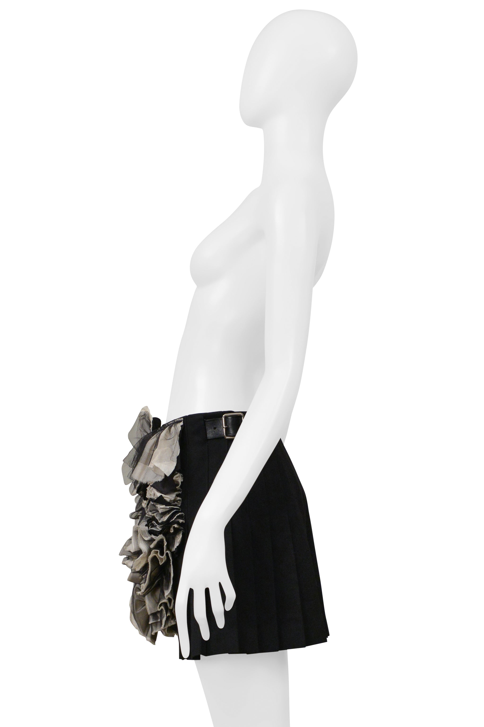 COMME DES GARCONS BLACK AND GRAY PLEATED SKIRT WITH RUFFLES AND LEATHER BUCKLES 2000