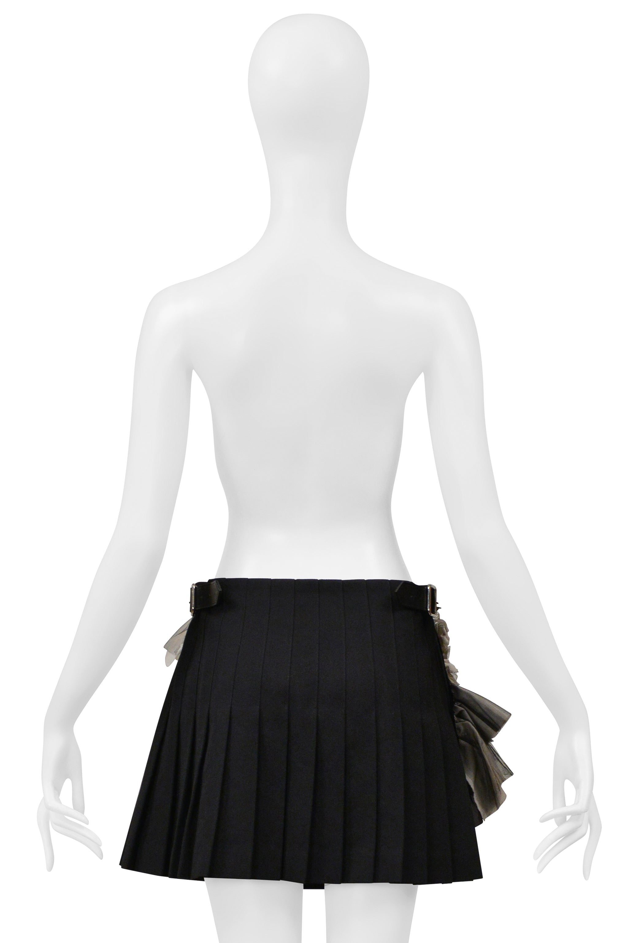 COMME DES GARCONS BLACK AND GRAY PLEATED SKIRT WITH RUFFLES AND LEATHER BUCKLES 2000