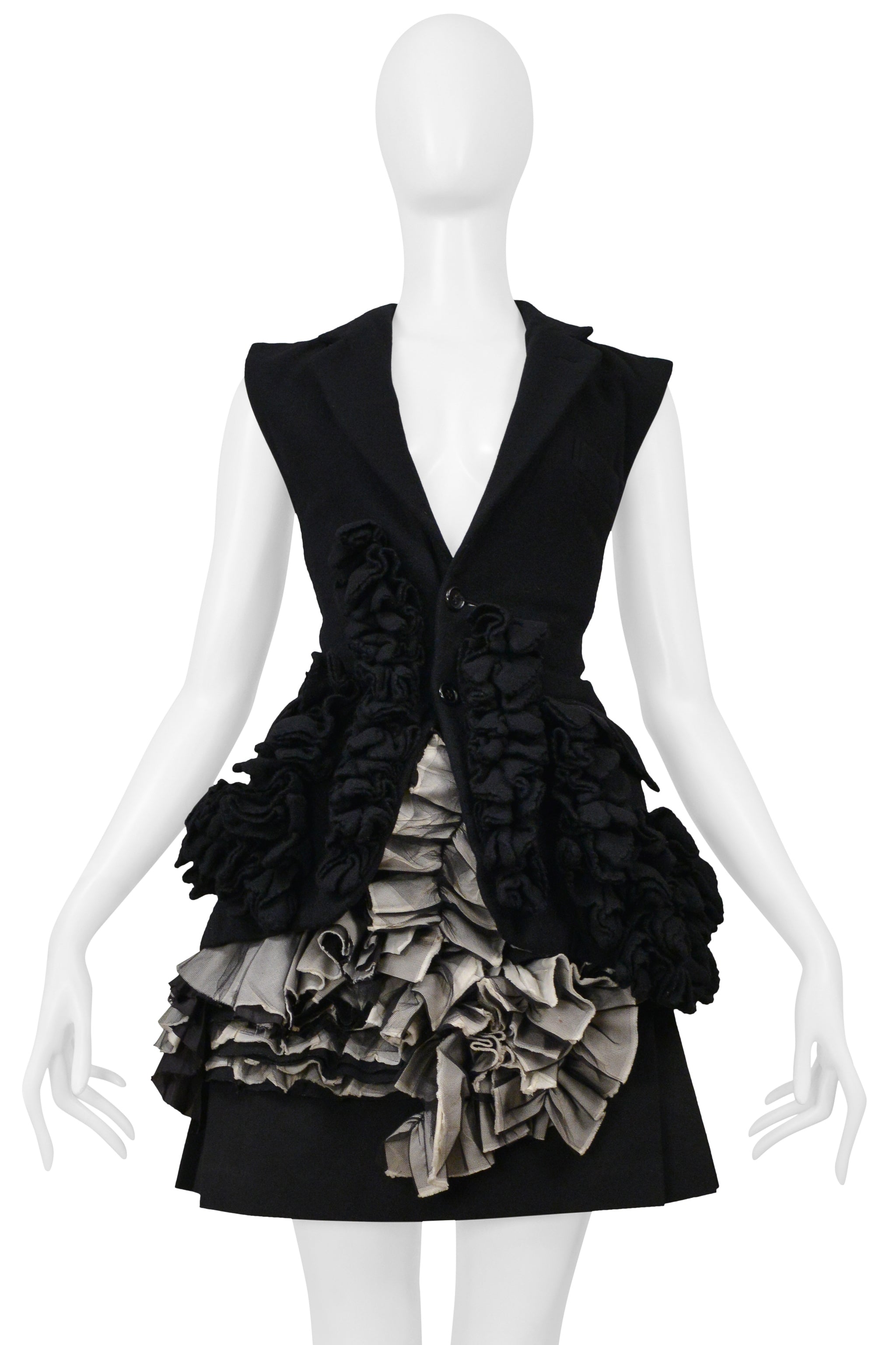 COMME DES GARCONS BLACK AND GRAY PLEATED SKIRT WITH RUFFLES AND LEATHER BUCKLES 2000