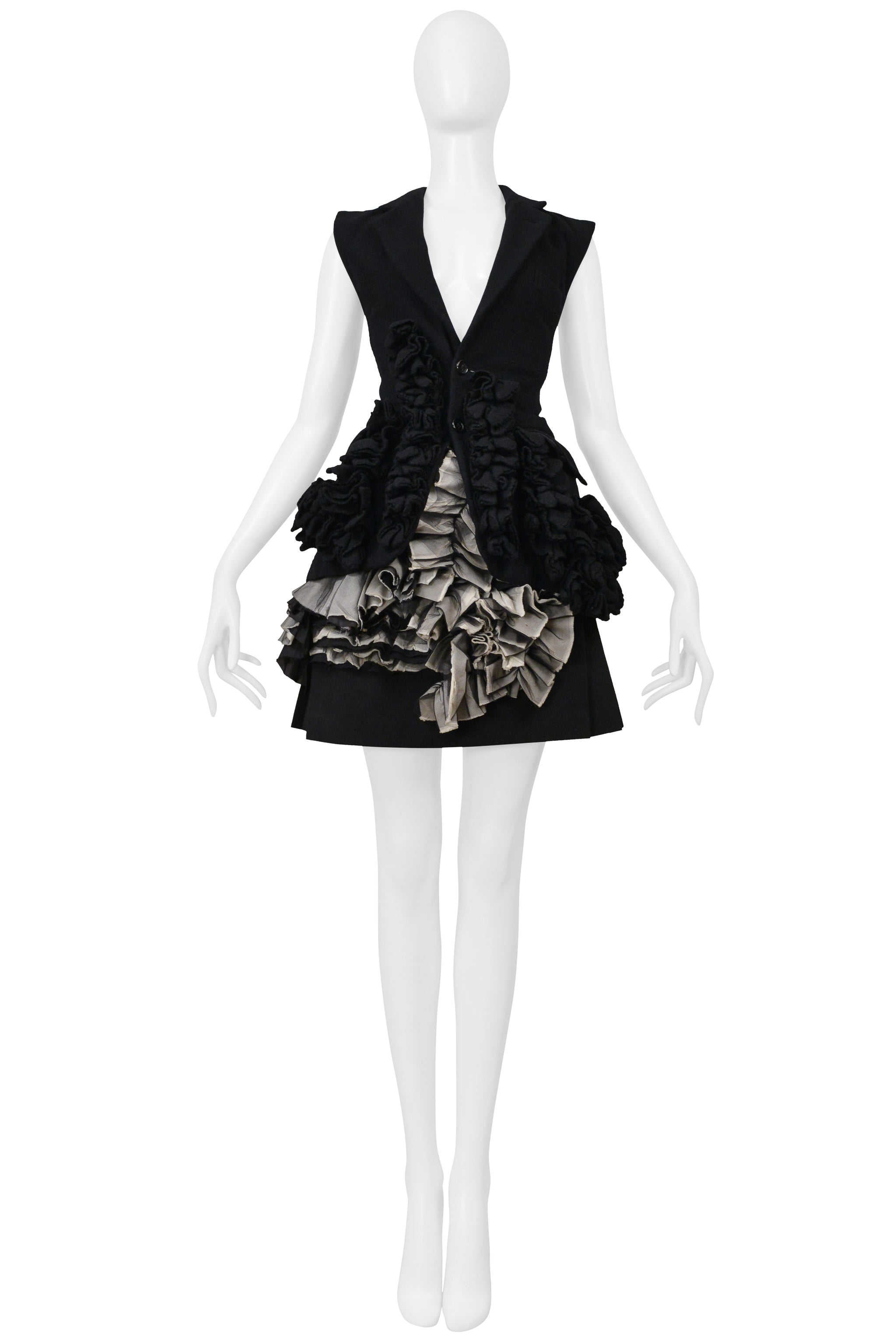 COMME DES GARCONS BLACK AND GRAY PLEATED SKIRT WITH RUFFLES AND LEATHER BUCKLES 2000