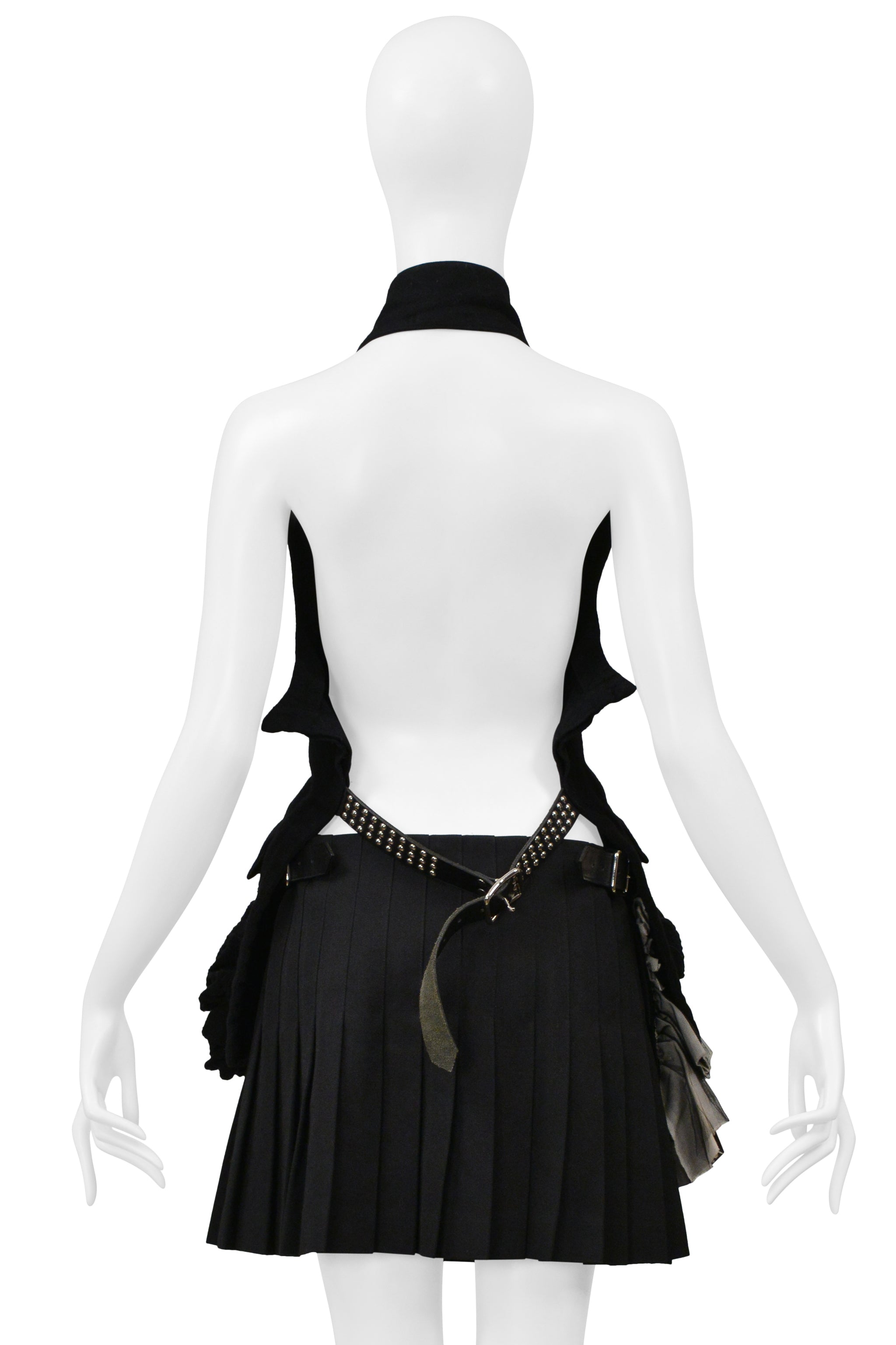 COMME DES GARCONS BLACK AND GRAY PLEATED SKIRT WITH RUFFLES AND LEATHER BUCKLES 2000