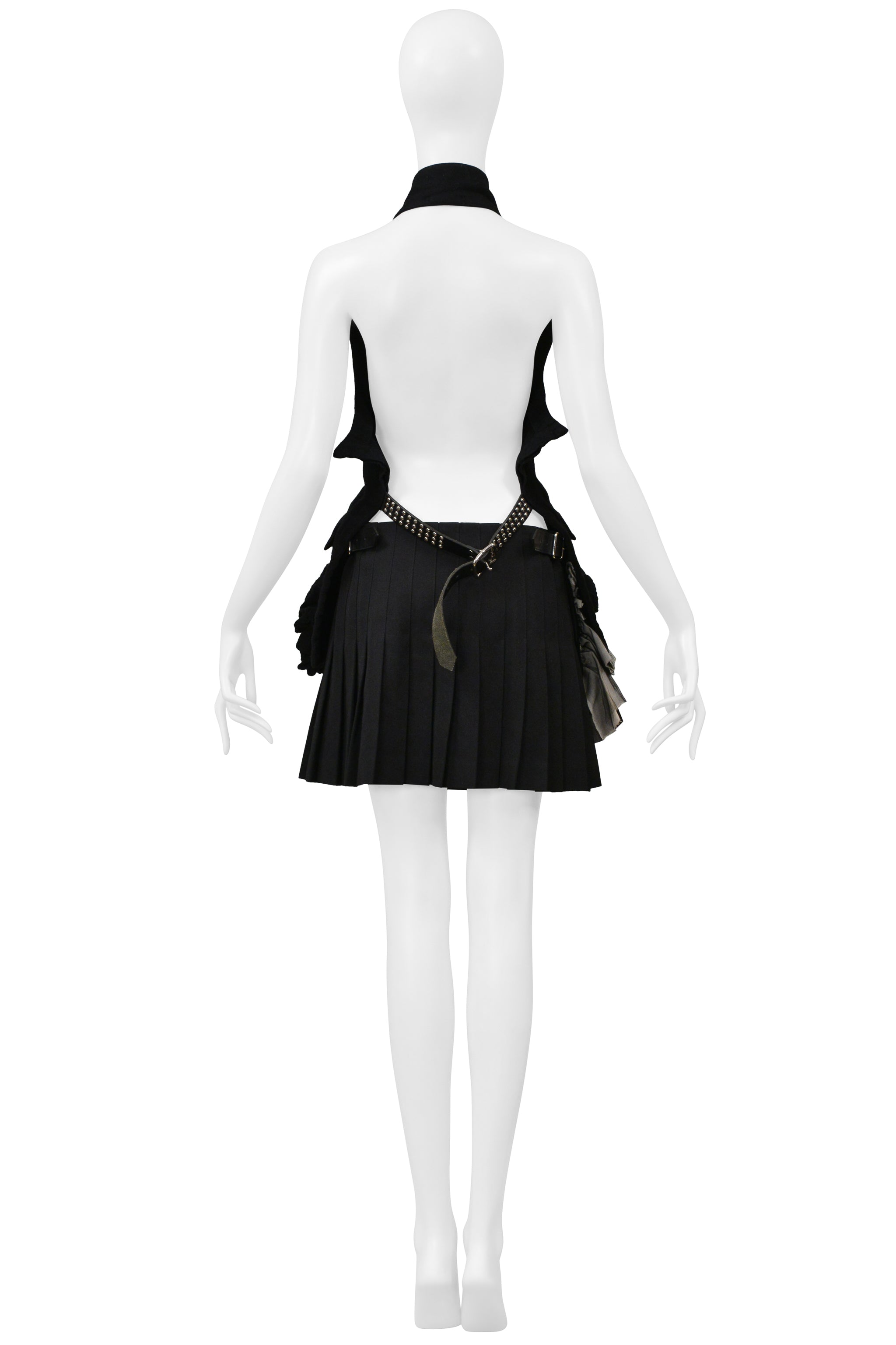 COMME DES GARCONS BLACK AND GRAY PLEATED SKIRT WITH RUFFLES AND LEATHER BUCKLES 2000