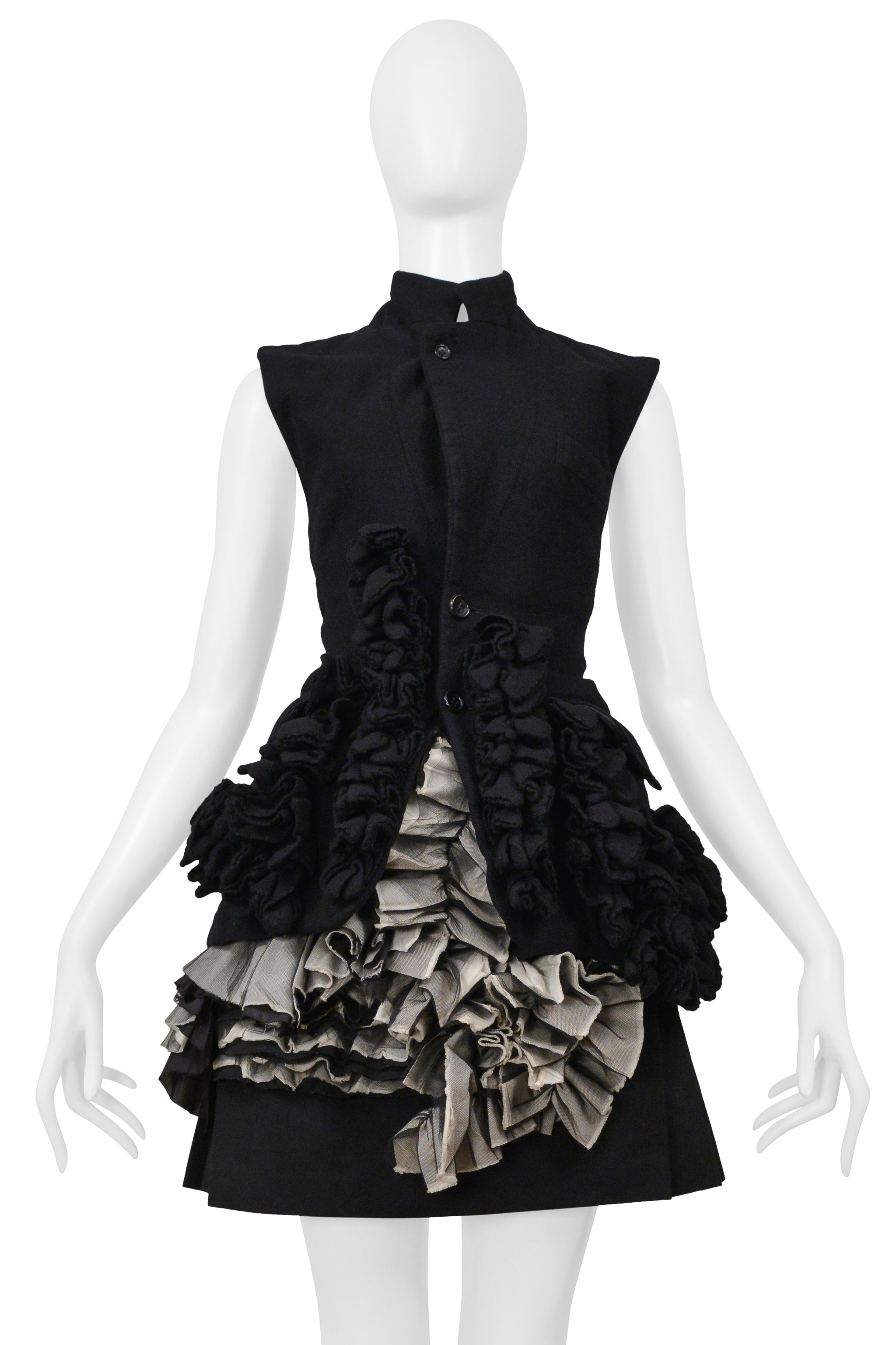 COMME DES GARCONS BLACK AND GRAY PLEATED SKIRT WITH RUFFLES AND LEATHER BUCKLES 2000