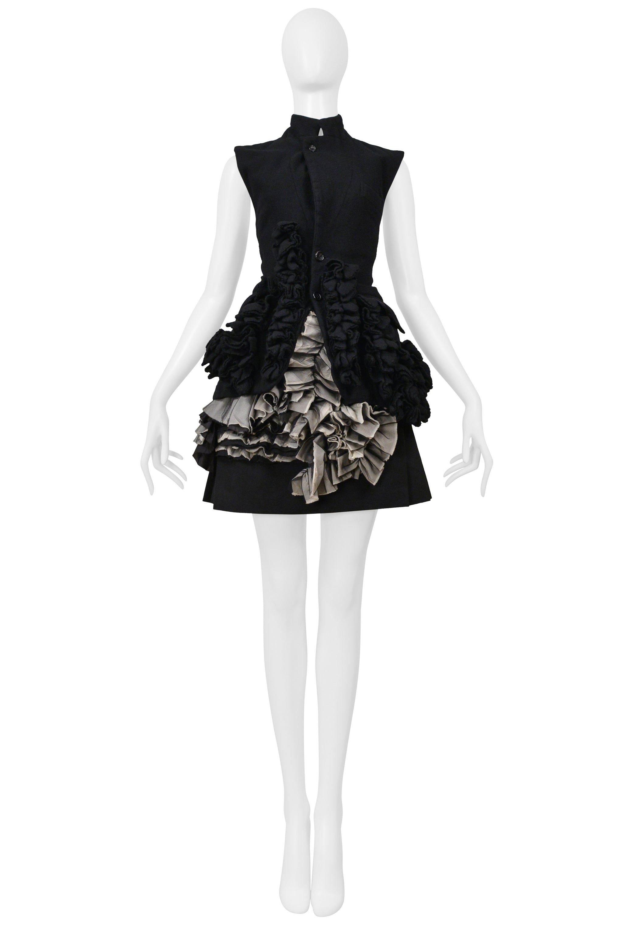 COMME DES GARCONS BLACK AND GRAY PLEATED SKIRT WITH RUFFLES AND LEATHER BUCKLES 2000