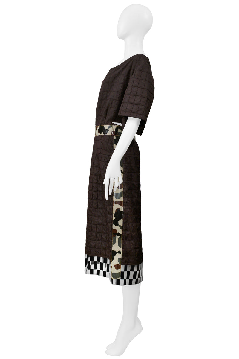 COMME DES GARCONS BROWN DAY DRESS WITH CAMO TRIM & VINYL CHECKERBOARD TRIM 2001