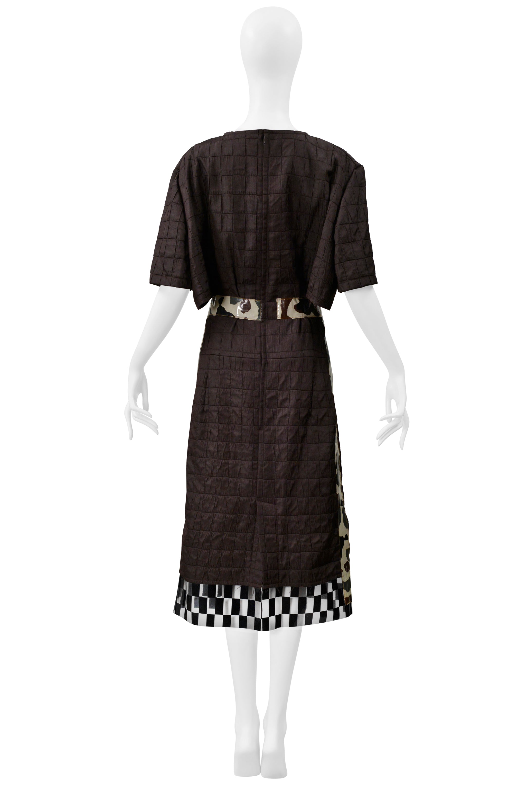 COMME DES GARCONS BROWN DAY DRESS WITH CAMO TRIM & VINYL CHECKERBOARD TRIM 2001