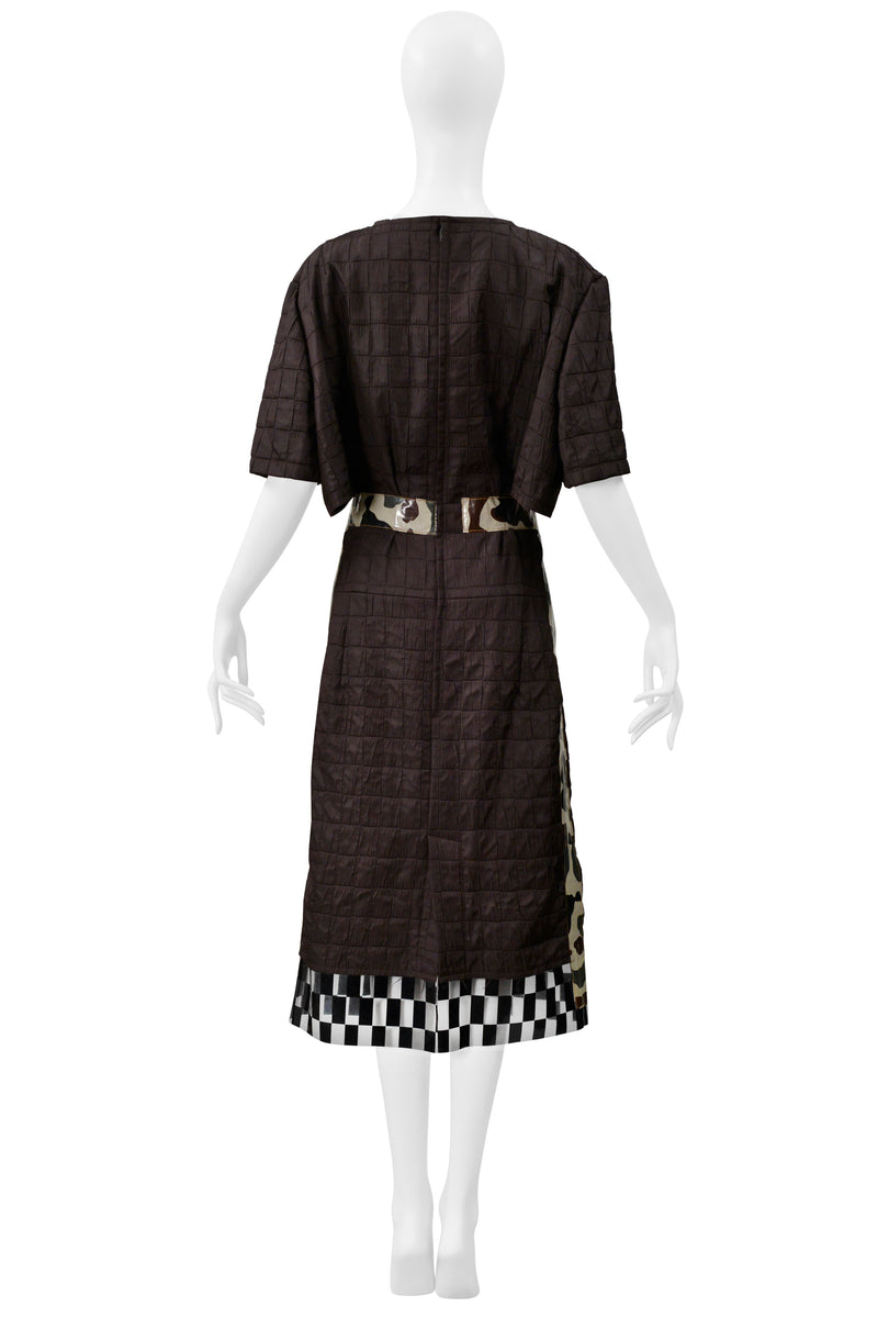 COMME DES GARCONS BROWN DAY DRESS WITH CAMO TRIM & VINYL CHECKERBOARD TRIM 2001