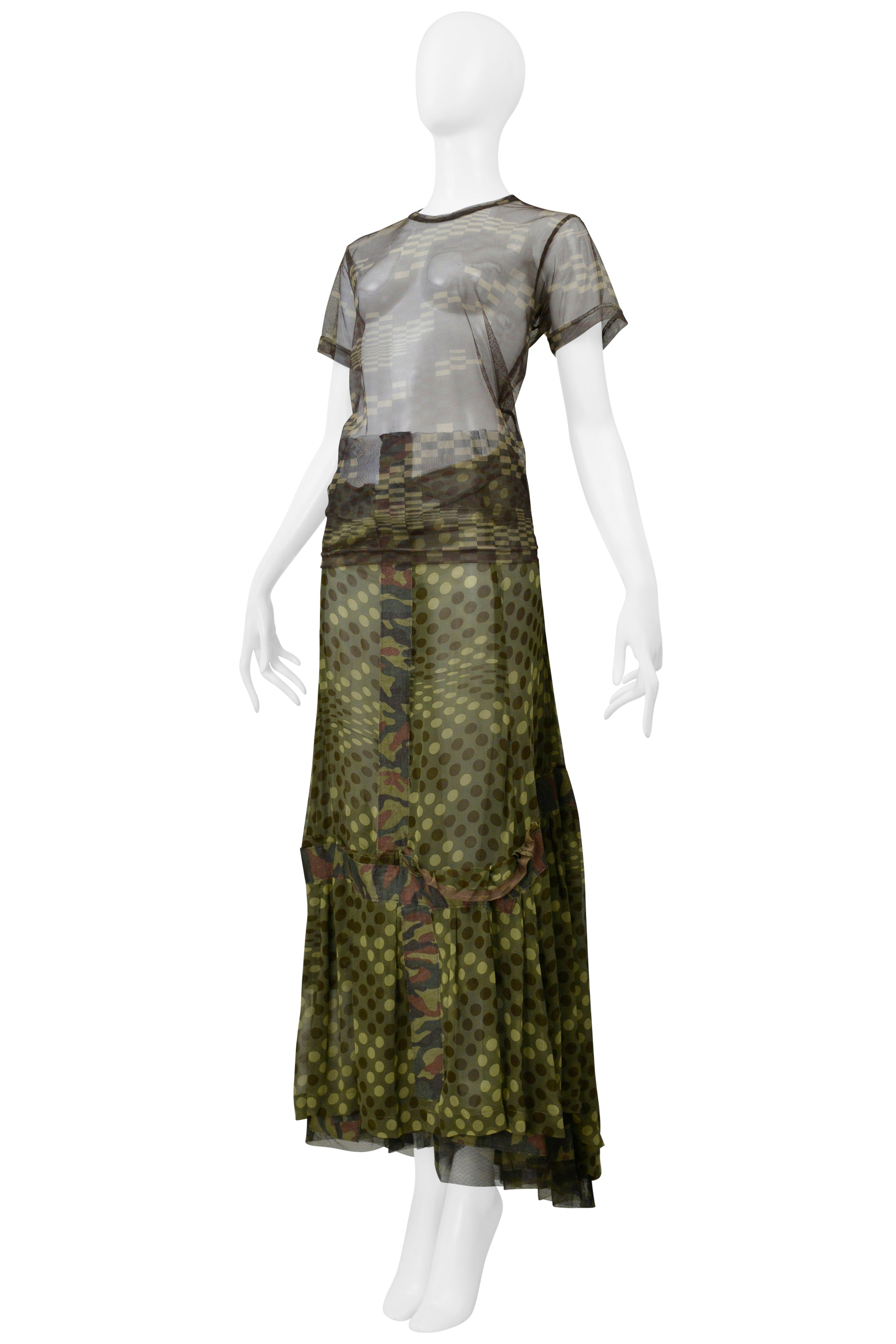 COMME DES GARCONS GREEN CAMOUFLAGE POLKA DOT SKIRT & MESH TOP SS 2001