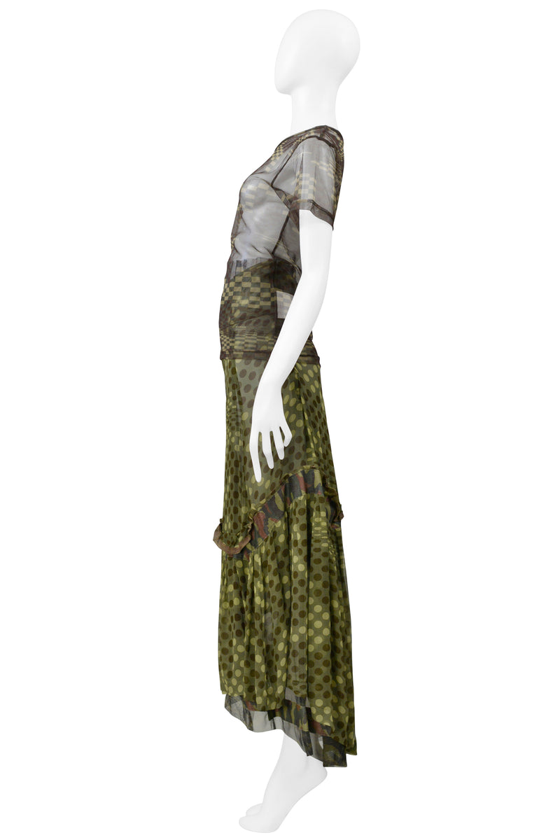 COMME DES GARCONS GREEN CAMOUFLAGE POLKA DOT SKIRT & MESH TOP SS 2001