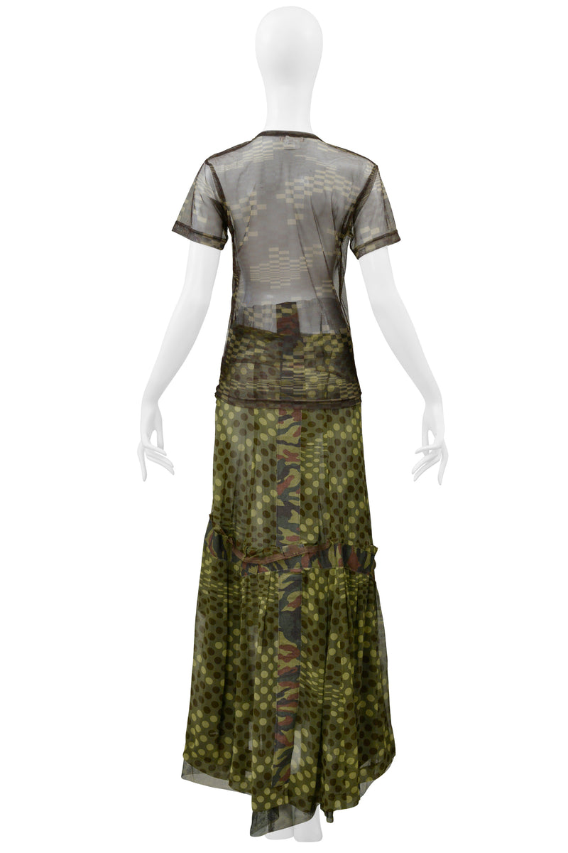 COMME DES GARCONS GREEN CAMOUFLAGE POLKA DOT SKIRT & MESH TOP SS 2001