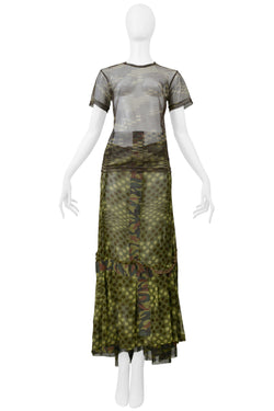 COMME DES GARCONS GREEN CAMOUFLAGE POLKA DOT SKIRT & MESH TOP SS 2001