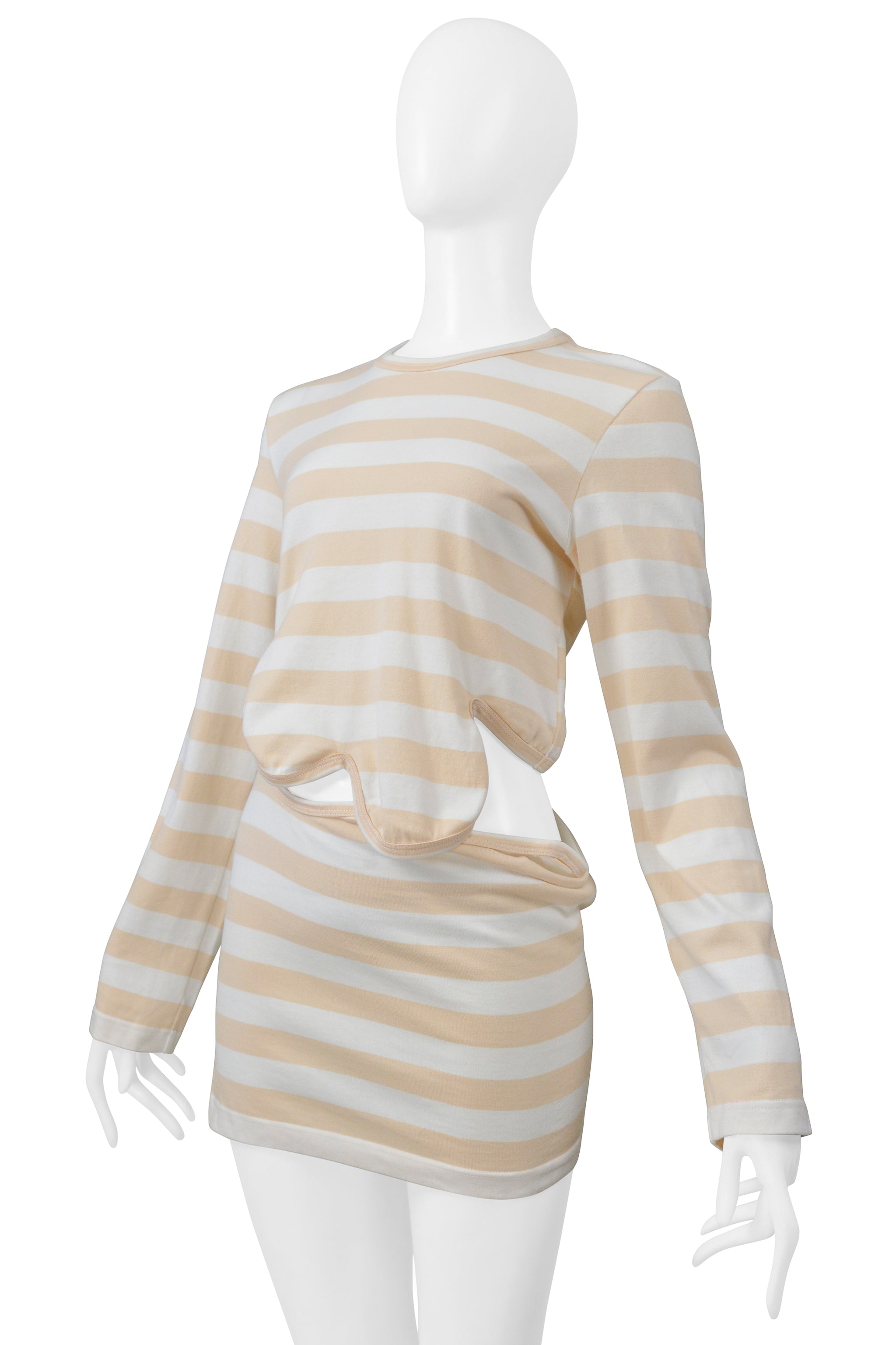 COMME DES GARCONS WHITE AND TAN STRIPED LONG SLEEVE SHIRT WITH SCALLOPED EDGES AND CUT OUT 2004