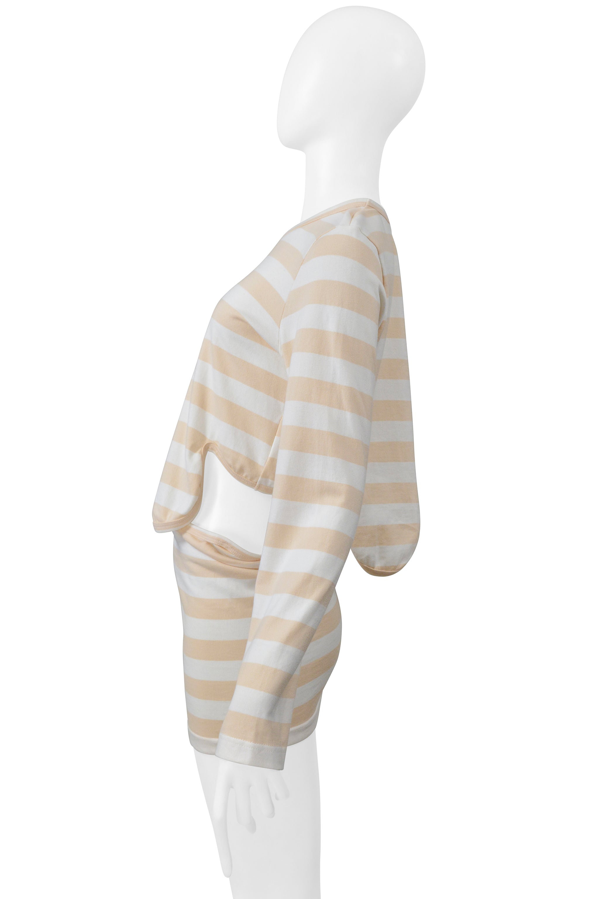 COMME DES GARCONS WHITE AND TAN STRIPED LONG SLEEVE SHIRT WITH SCALLOPED EDGES AND CUT OUT 2004