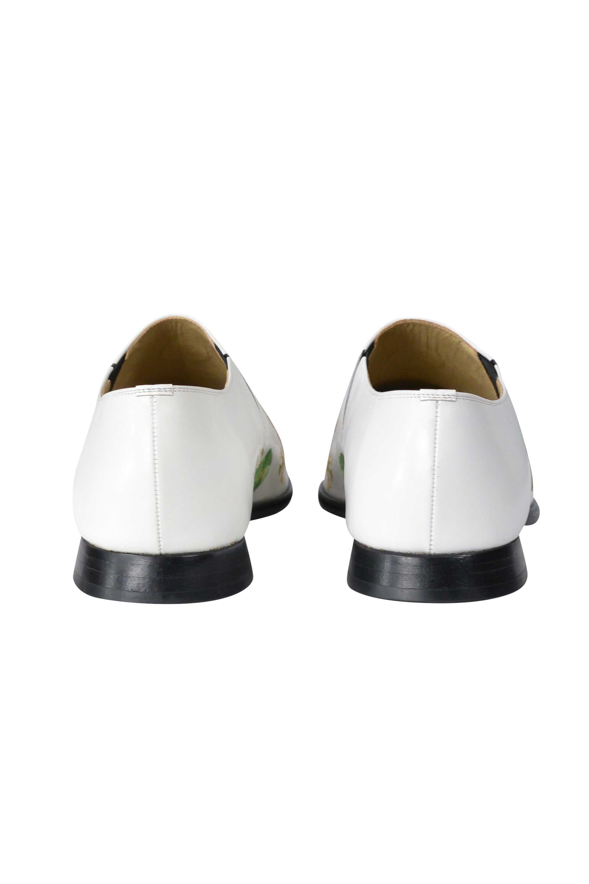 COMME DES GARCONS WHITE LEATHER SLIP ON SHOES WITH PINK AND GREEN EMBROIDERY 2004
