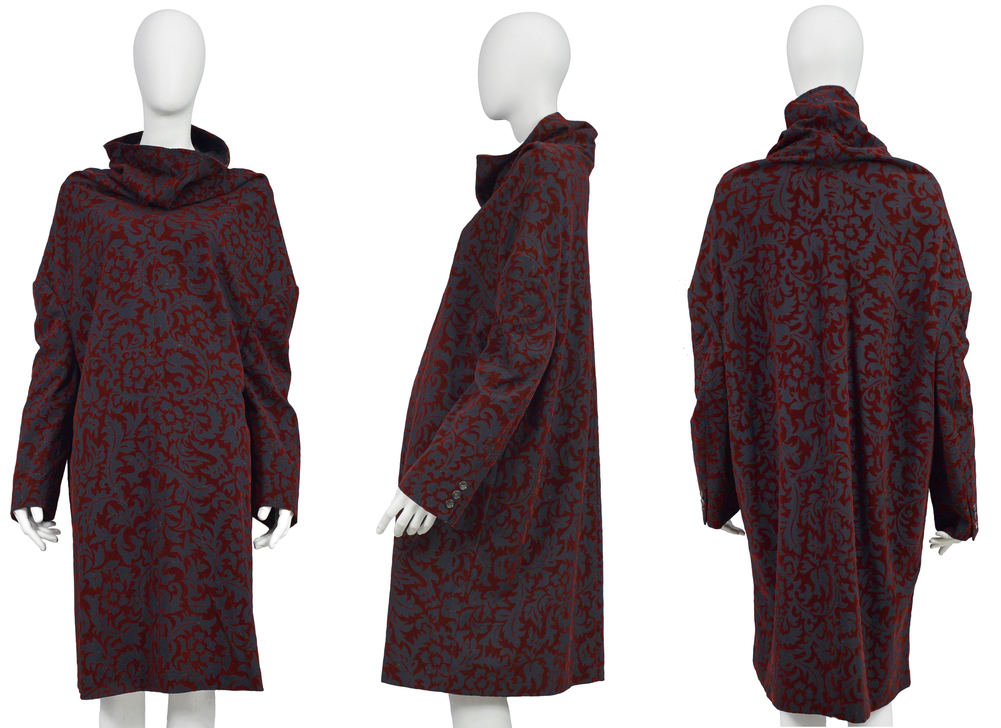 COMME DES GARCONS OVERSIZED BLACK AND BURGUNDY FLOCKED TUNIC 1996