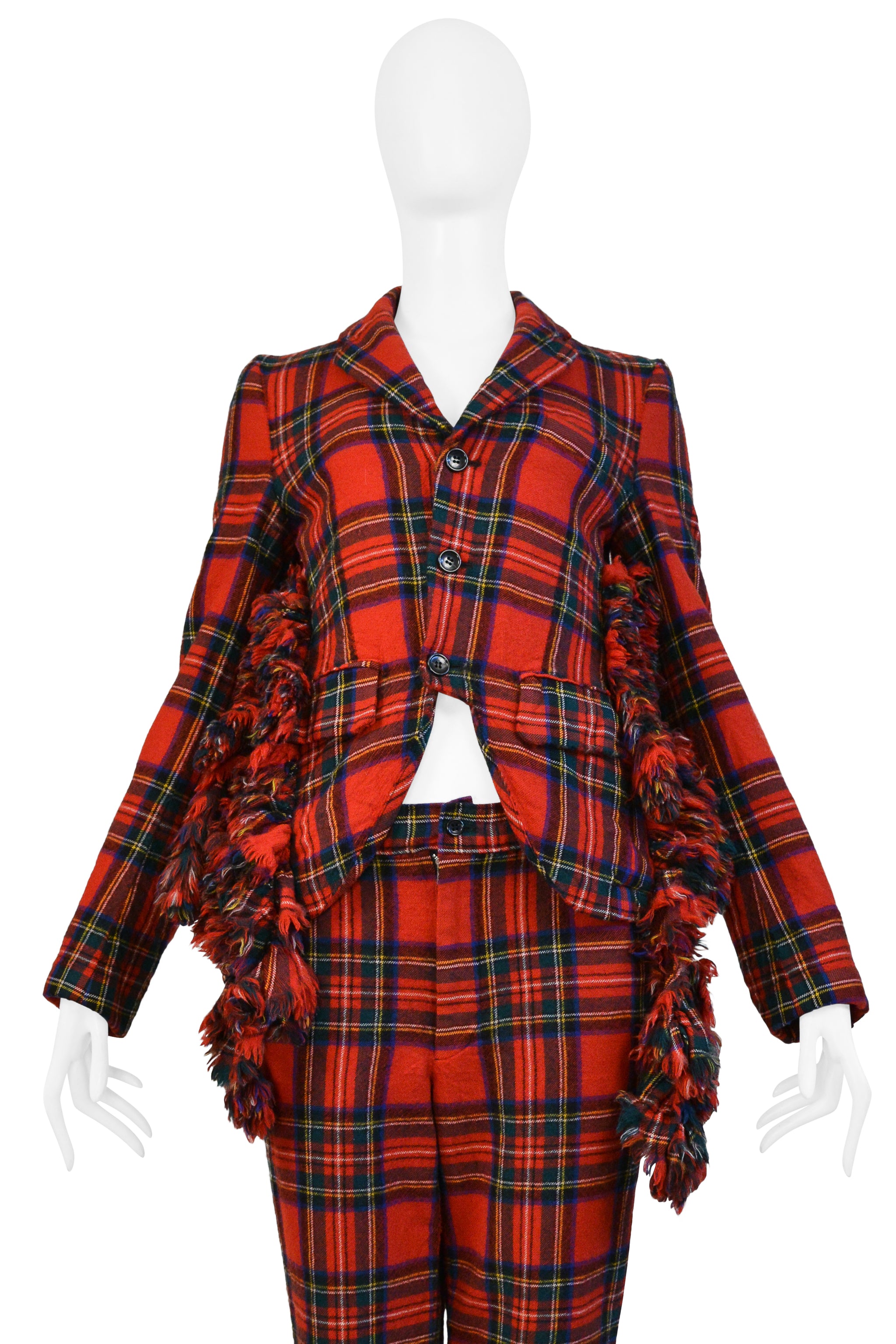 COMME DES GARCONS RED RUFFLE TARTAN JACKET AND PANTS SUIT ENSEMBLE 2000